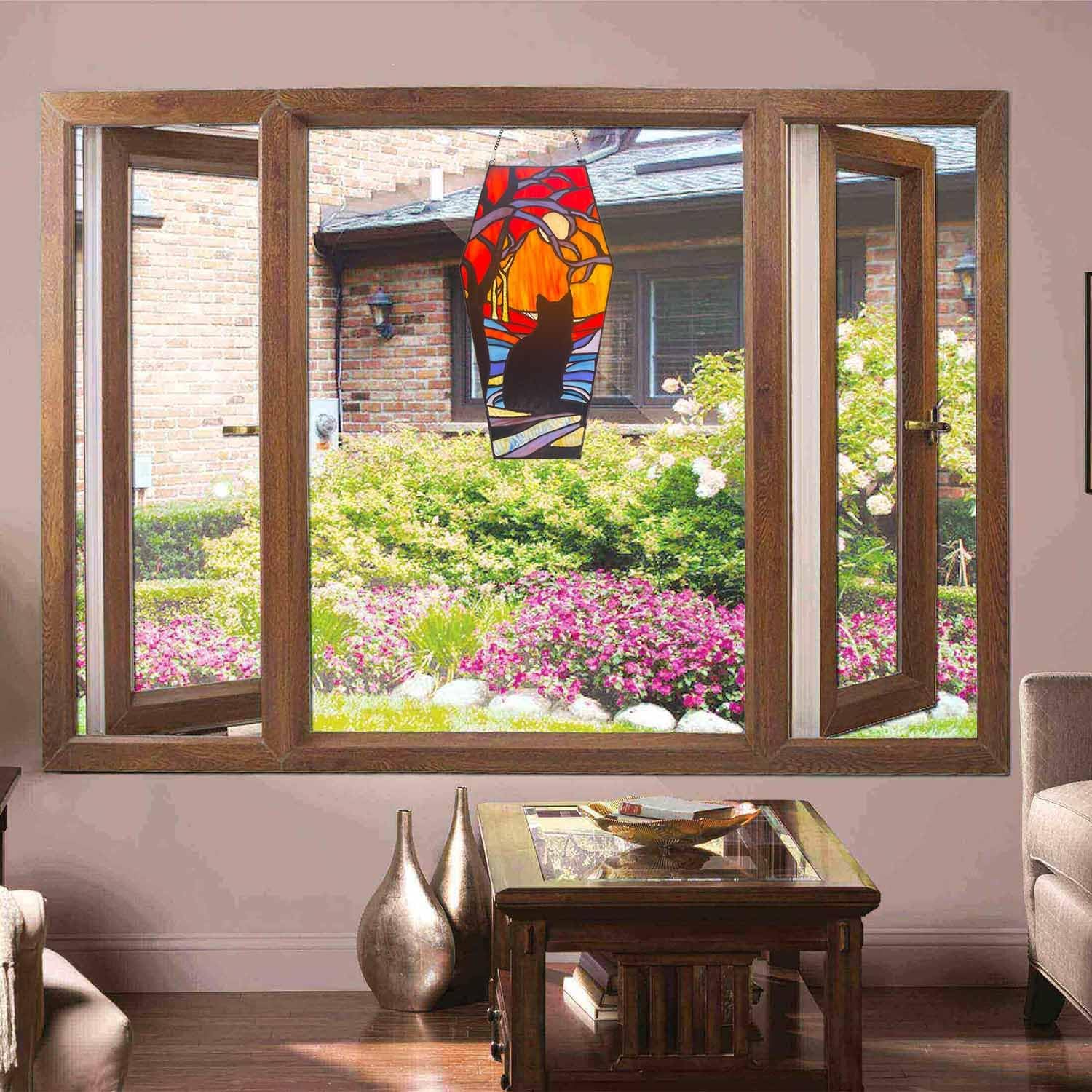 Bieye W10107 Black Cat Looking at Full Moon Tiffany Style Stained Glass Coffin Shaped Window Panel for Home Decor