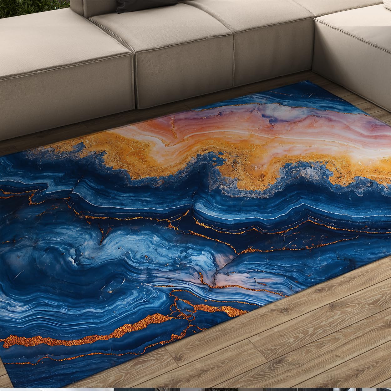 Tapis de salon or bleu effet marbre de luxe pour descente de lit chic