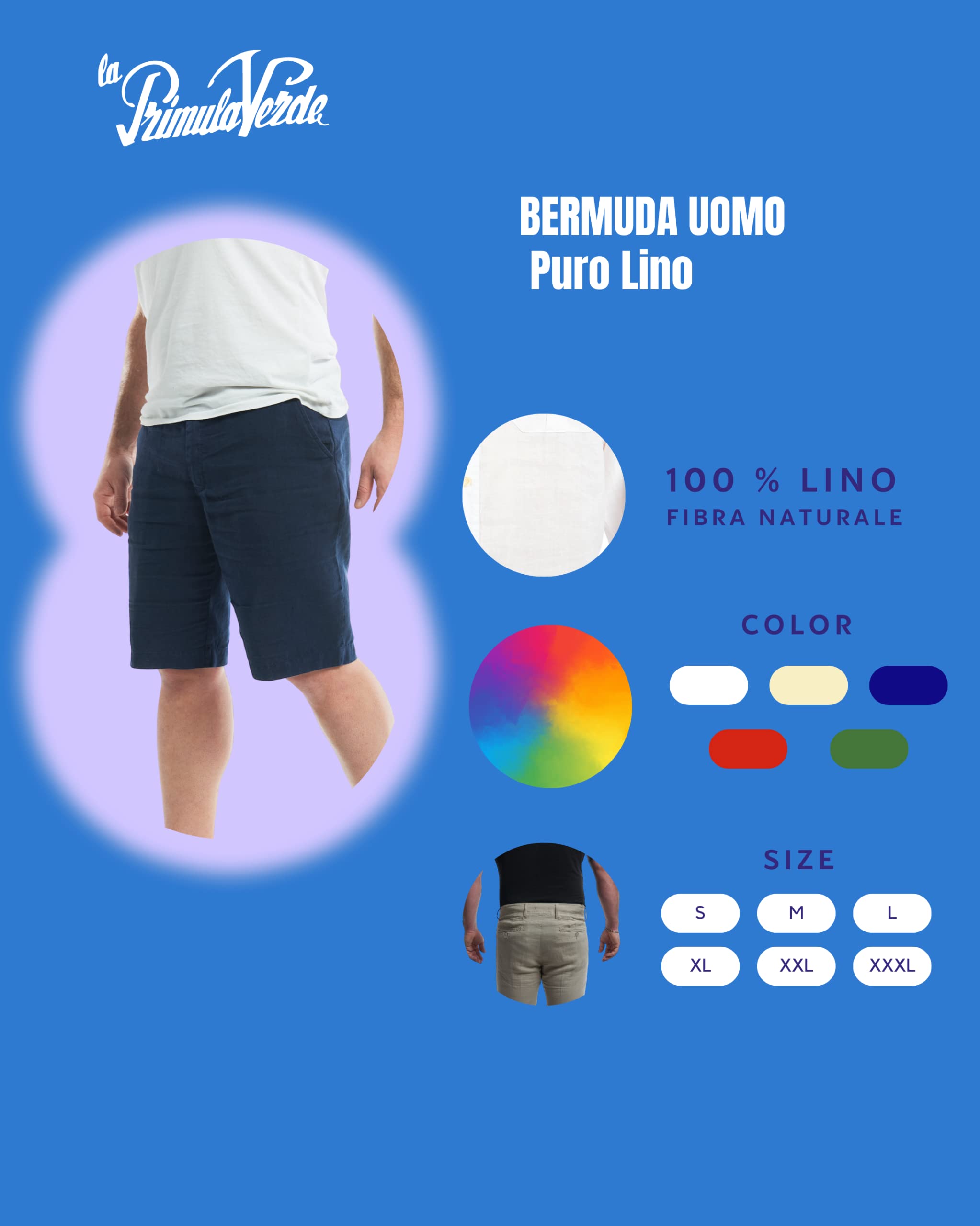 Bermuda Pantalone Corto da Uomo in Puro Lino, Tinta Unita al Filo, Elegante, dalla S alla 3XL, in 5 colorazioni, Bianco, Blu, Verde, Beige e Rosso