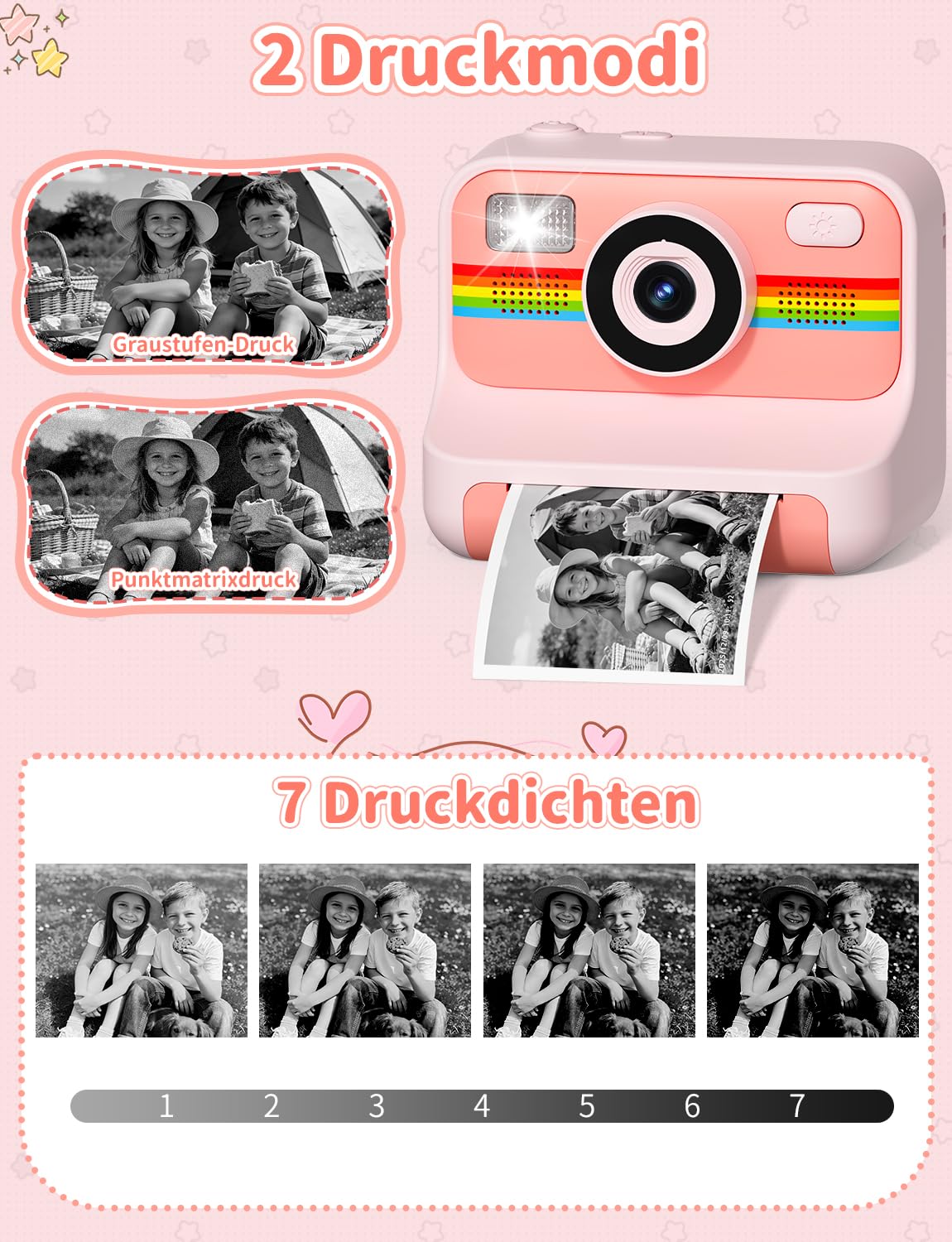 Sofortbildkamera Kinder, 1080P HD 2,4 Zoll Bildschirm Kinderkamera Sofortbildkamera mit 32GB Karte & 3 Rollen Druckpapier, LIORQUE Digital Kamera Kinder Sofortdruck mit 6 Farbigen Stiften (Rosa)