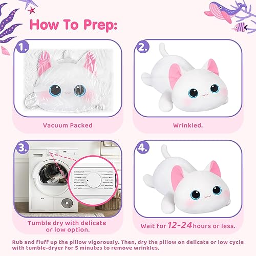 Miniatura 8 de Linda almohada de felpa con diseño de gato, juguetes de peluche kawaii de gato blanco, peluches esponjosos, almohada corporal para niños y niñas (13