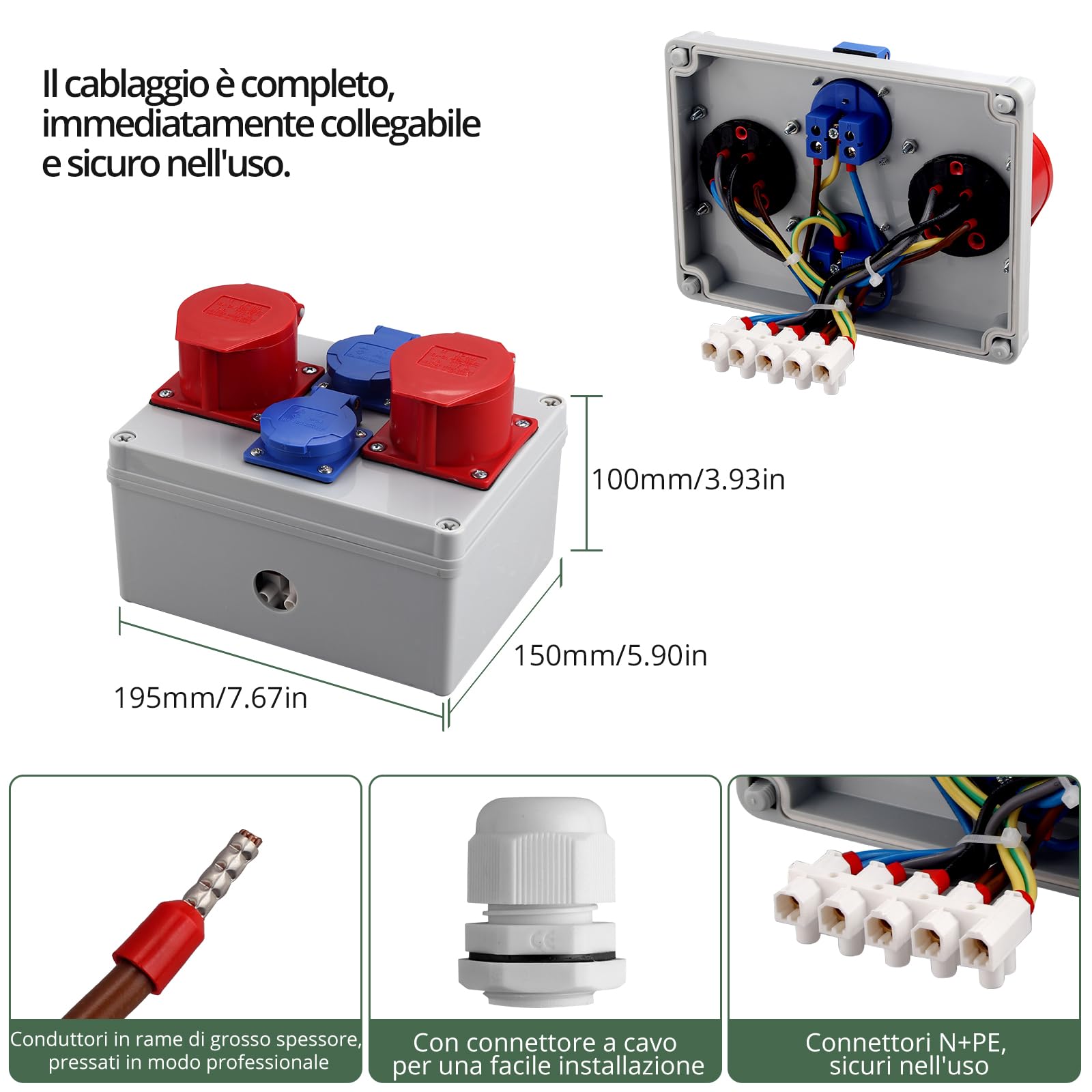 EYPINS Quadro Elettrico da Cantiere, Distributore di Corrente per Cantieri 2x 230V Schuko, 2x Presa CEE 16A,Scatola Elettrica Esterna per Officine Garage Cortile,IP66 Impermeabile