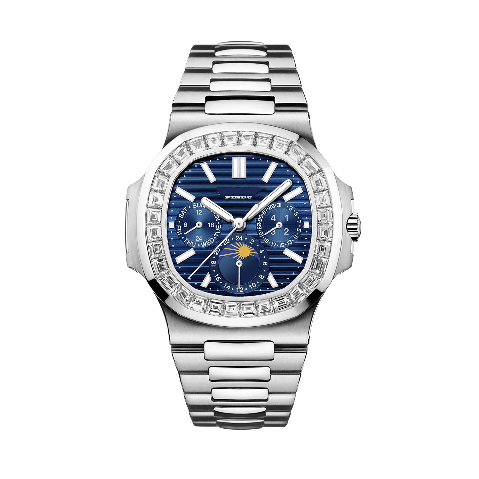 PINDU Automatic Watches for Men, Square Diamond Watch Stainless Steel Strap Skeleton Self-Winding Mechanical Watch Wrist Watch Gift for Men