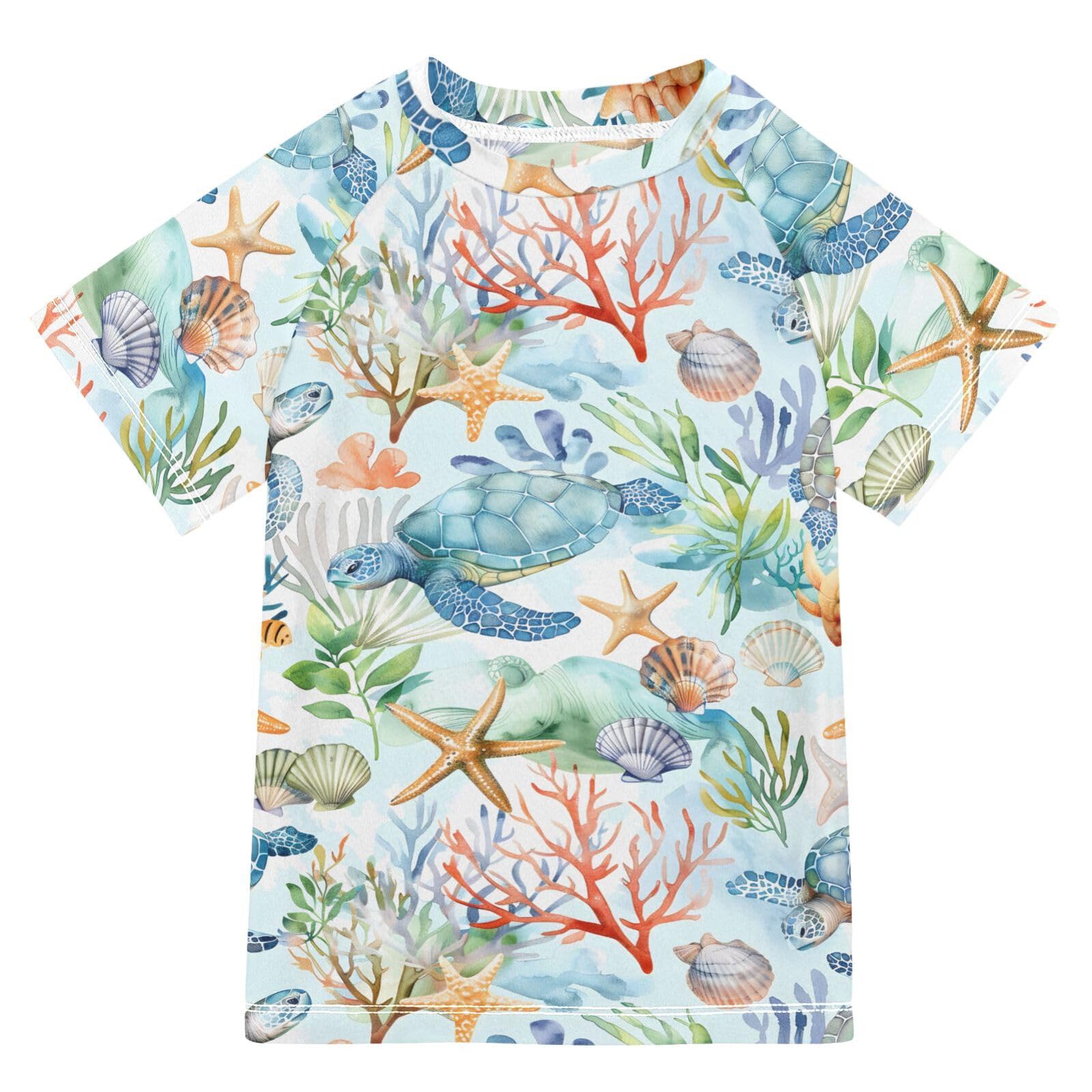 ALAZA Kids Rash Guard Boys Toddler Swim Shirts Short Sleeve Sea Turtles Cute UPF 50+ 3T