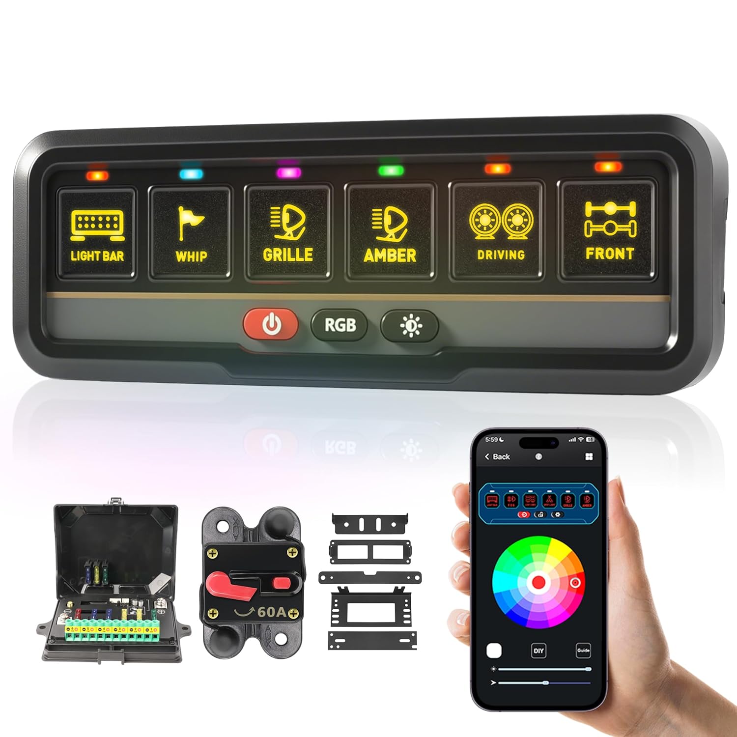 RGB 12 Gang Switch Panel,12-24V Bluetooth APP 230FT 433M Long Range, Auxiliary Backlit Off Toggle Flash Multifunction Toggle Switch Momentary Circuit Control Relay System Box Universal for Car