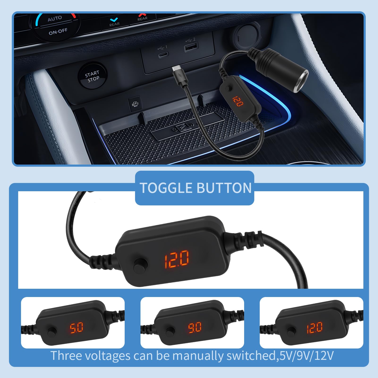 Spina USB C su presa accendisigari da 12 V, cavo adattatore con display voltmetro, tensione regolabile 5 V/9 V/12 V, protezione da cortocircuito e sovracorrente, adatto per GPS Dash Cam
