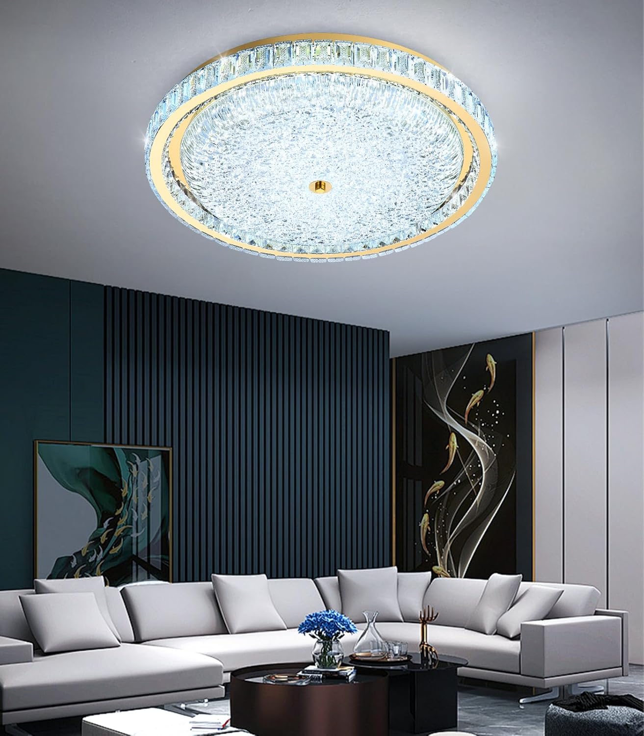 24" Modern Crystal Chandelier Dimmable LED Flush Mount Ceiling Light with Remote Control for Bedroom Hallway Dining Room Gold
