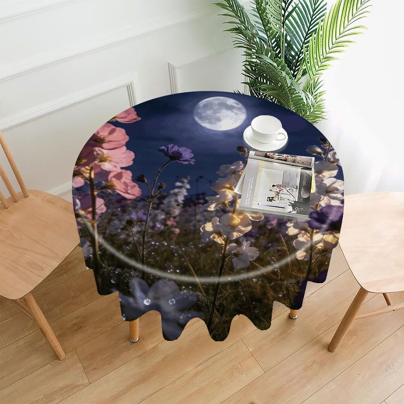 LZQPOEAS Wildflower Night Tablecloth Easy to Clean Polyester Round Table Cover Washable Round Table Cloth Wrinkle-Free Circle Decoration Tablecloth for Kitchen and Dining Room 60"