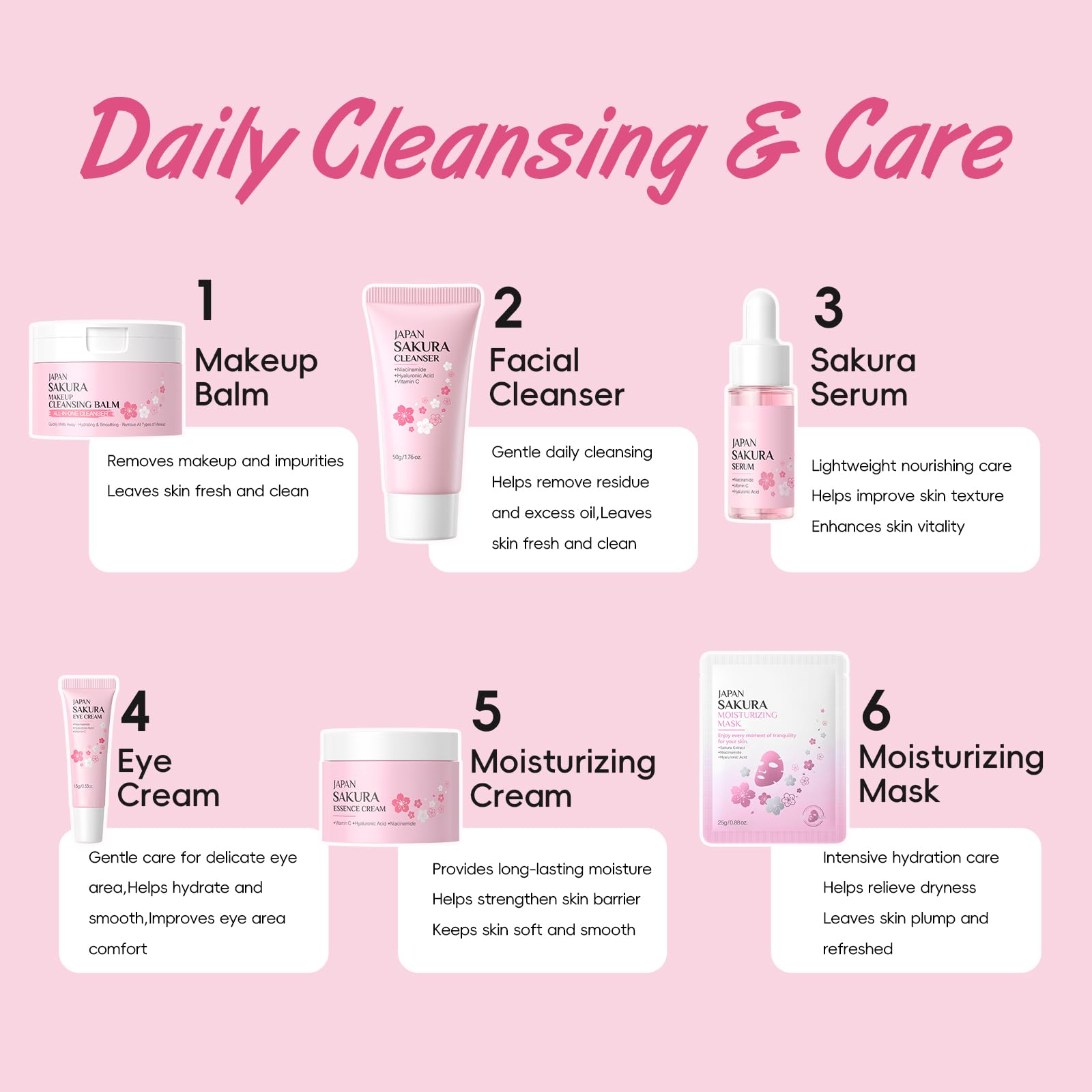 Sakura Balsamo Detergente Struccante 100g, Kit Struccante Viso e Occhi da Viaggio, per Pelle Detersa e Make-Up Rimosso, con Prodotti Skincare Viso Mini e Maschere Idratanti