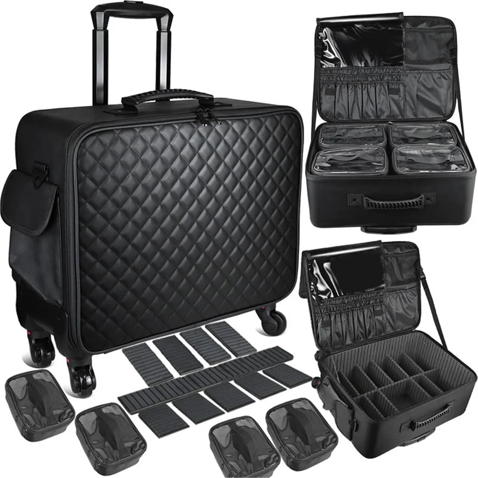 Valigia professionale for bellezza, nail art, borsa for il trucco, cassetta degli attrezzi for ricamo, organizer mobile con ruote universali for cosmetici(Black 1)