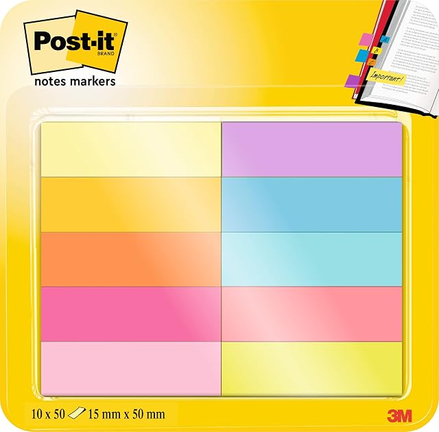 Post-it Notes Marker, Pack of 10 Pads, 50 Markers per Pad,12.7 mm x 44.4 mm, Yellow, Orange, Pink, Purple, Blue, Green Colors - To Mark, Highlight or Color Code Important Information