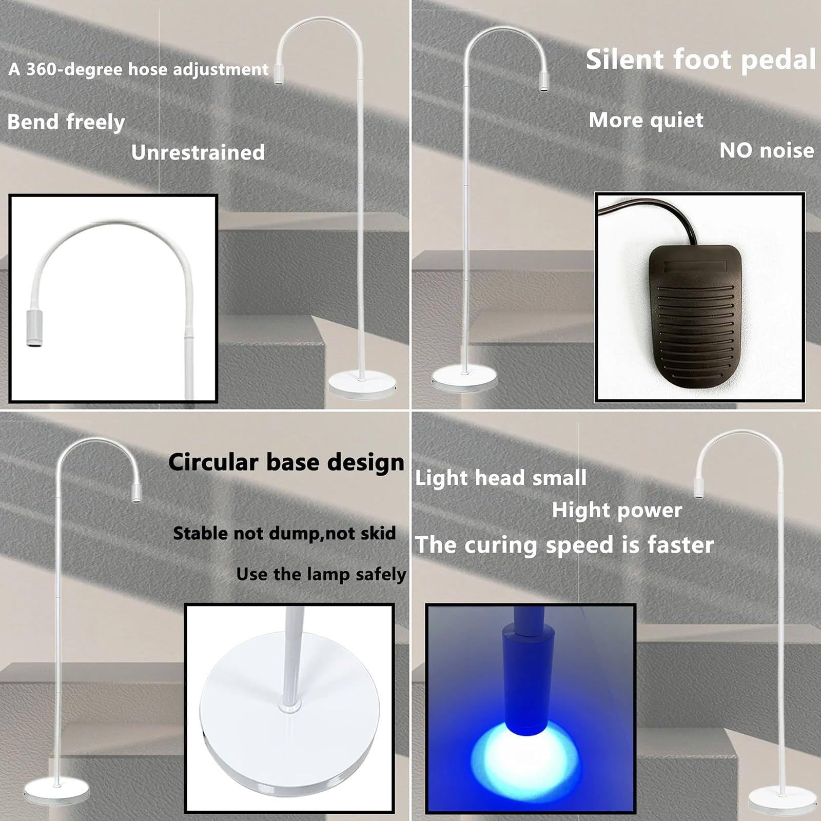UV-Licht für lichthärtenden UV-Wimpernverlängerungskleber, UV-LED-Wimpernverlängerungslicht + Augenklappe + Schutzbrille + Fußschalter,Einstellbare Punktgröße,10 W flexibler Schwanenhals,Black