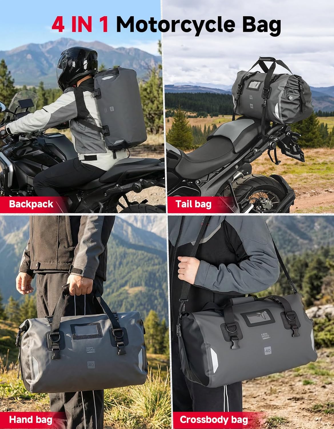 KEMIMOTO Waterproof Motorcycle Dry Bag – Duffle Tail Bag Soft Luggage, 25L/40L/65L Large Capacity with 4 Quick-Release Straps, Dustproof for Touring, Adventure, Motorcycling & Camping Grey