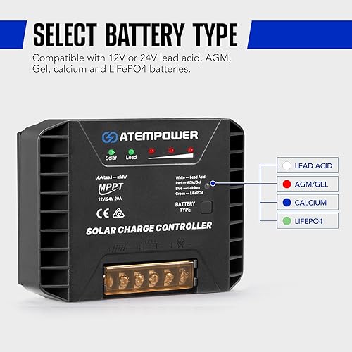 Miniatura 2 de ATEM POWER Controlador de carga solar MPPT de 20 A 12 V24 V que selecciona el tipo de batería Activar batería de litio Controlador solar inteligente