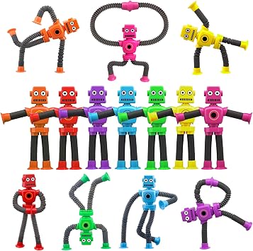 16PCS Suction Cup Robot Toy, Transformable Telescopic Pop Tubes Sensory Toy for Kids Adults, Funny Robot Action Figure Bendable Fidget Toy Gift Birthday Party Favors Christmas