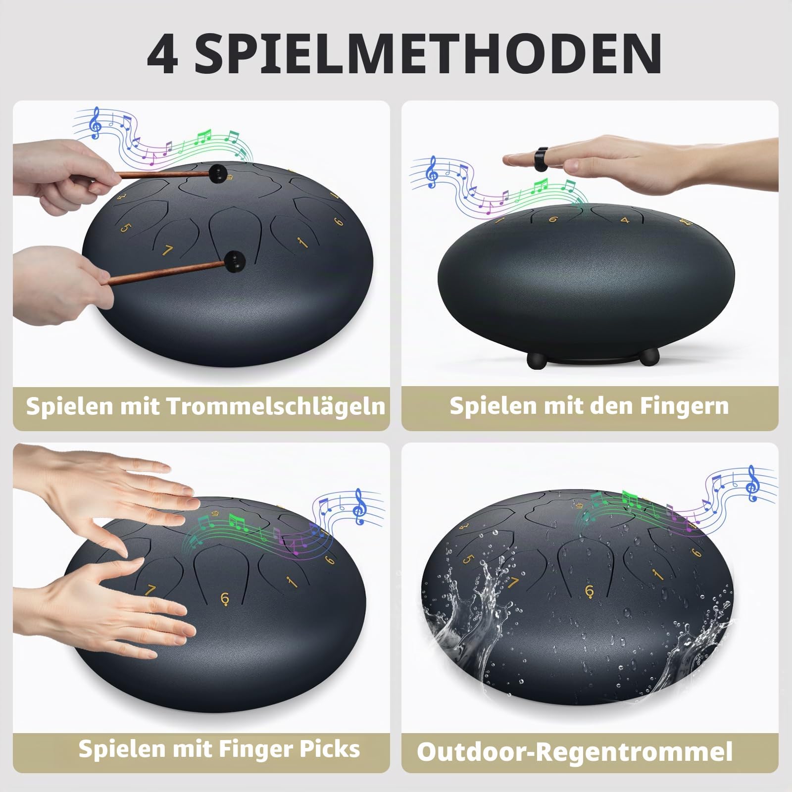 20,3 cm Stahlzungentrommel, 11 Noten, A-Dur, Handpan-Trommel, tragbare Regentrommel, Outdoor-Percussion-Instrument mit Schlägeln, Fingerplektren, Tragetasche, Musikbuch, Anfänger, Yoga, Meditation