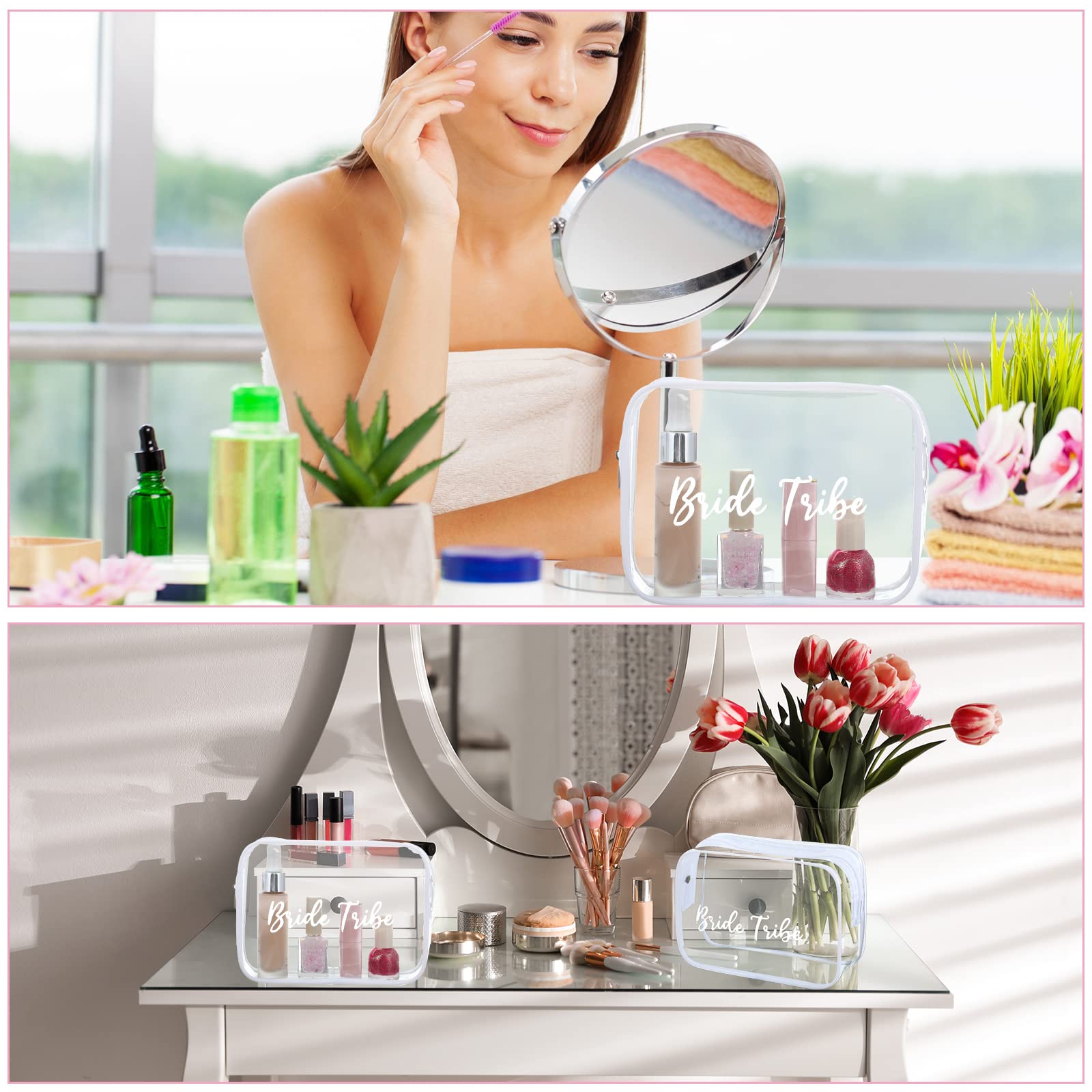 Amylove 10 Stück Braut Tribe Kosmetiktasche Clear Make-up Taschen Kulturbeutel Make-up Reise Kosmetik Make-up Tasche Klar PVC Reisetasche für Hochzeit Party Brautjungfer Vorschlag Brautgeschenk,