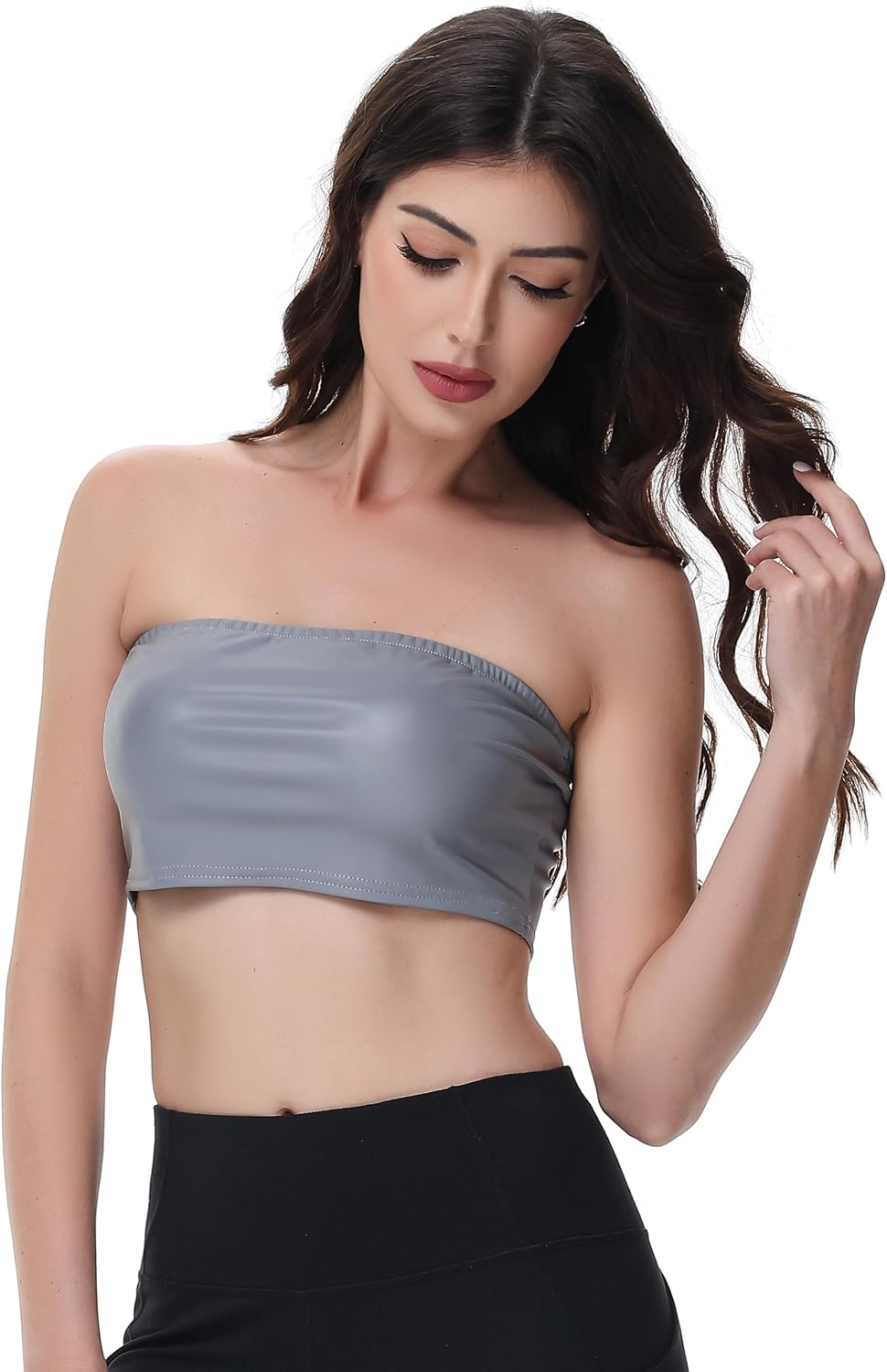 LZLRUN Women's Reflective Crop Top Holographic Strapless Tube Bra Tank Tops for Raves, Festivals, Costumes Dancing