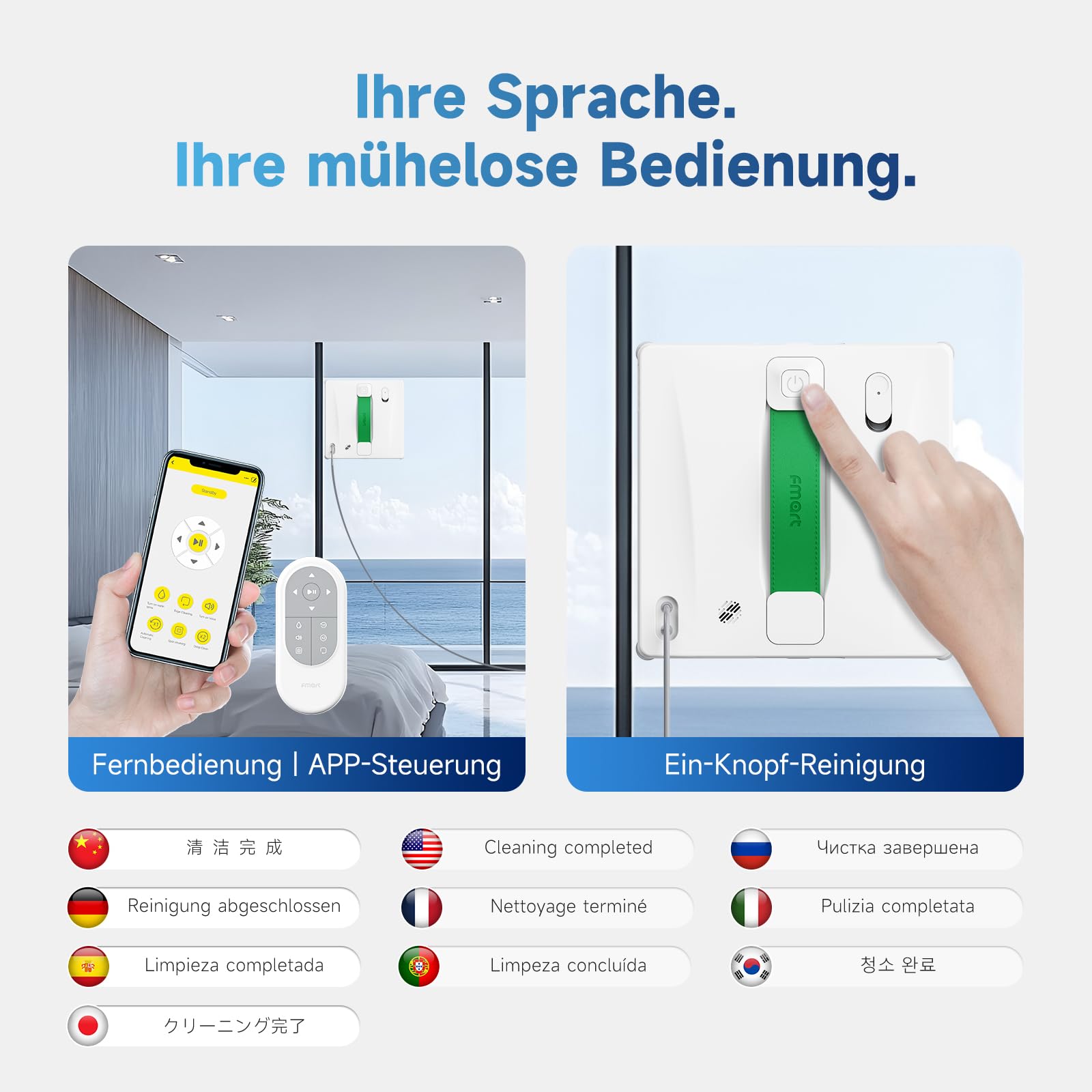 Fmart W8 fensterputzroboter mit sprühfunktion, 8000 Pa Saugkraft und Kantenerkennungstechnologie, Automatischer Fensterreiniger Roboter mit 4 Reinigungsmodi und Anti-Rutsch-System, Weiß