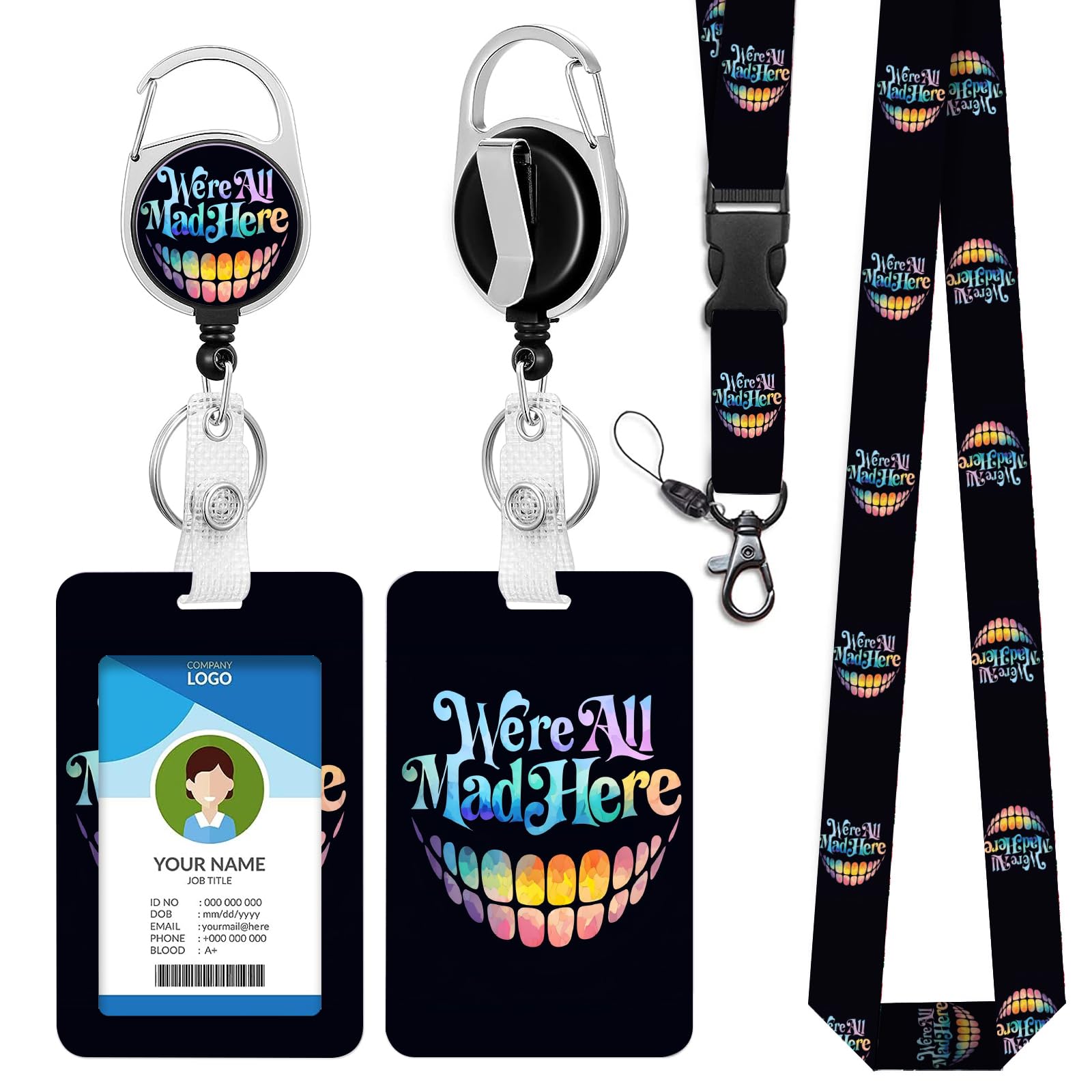 bolimoss Funny Smile Face ID Card Holder, Card Protector Case for Credit Card Keys, Adjustable Breakaway Lanyard with ID Holder Clip, ID Card Name Tag Lanyard for Office Tracher(Black)