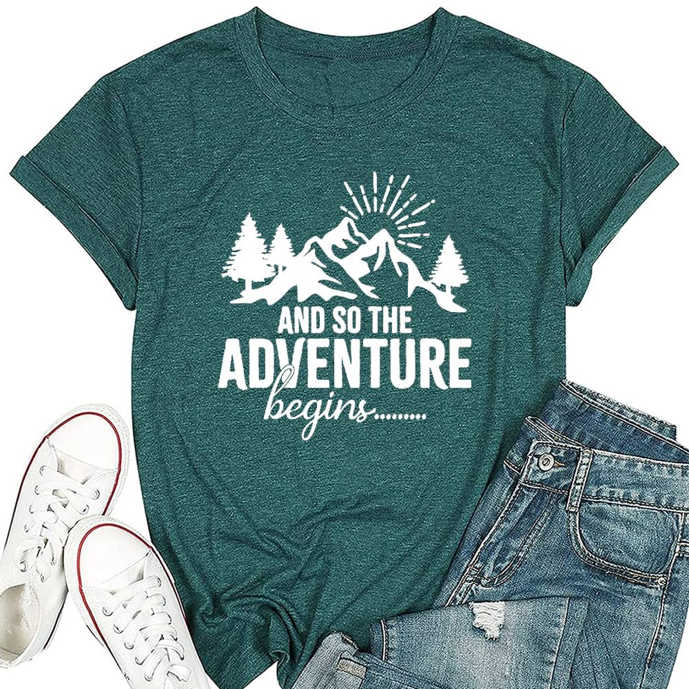 Women Mountain Shirts and So The Adventure Begins Tshirt Sunshine Moon Nature Pine Graphic Tees Heart Let's Go Find It Top