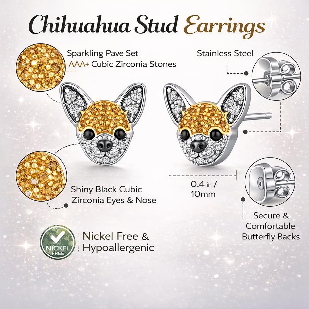 Dog Lovers' Earrings, Different Dog Breed Stud Earrings with Crystals, Rose Gold and Silver Tone - Party, Birthday, or Christmas Gift