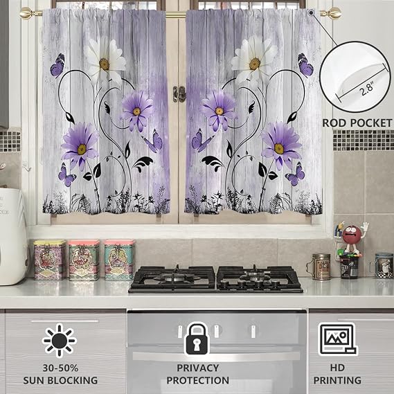 AAtter Purple Floral Window Curtains for Kitchen Lavender Lilac Flowers Girls Butterfly Fun Small Short Home Living Room Bedroom Bathroom Drapes Treatment Fabric 1 Pair, 27.5 W x 36 L, Country