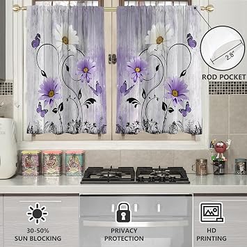 AAtter Purple Floral Window Curtains for Kitchen Lavender Lilac Flowers Girls Butterfly Fun Small Short Home Living Room Bedroom Bathroom Drapes Treatment Fabric 1 Pair, 27.5 W x 36 L, Country