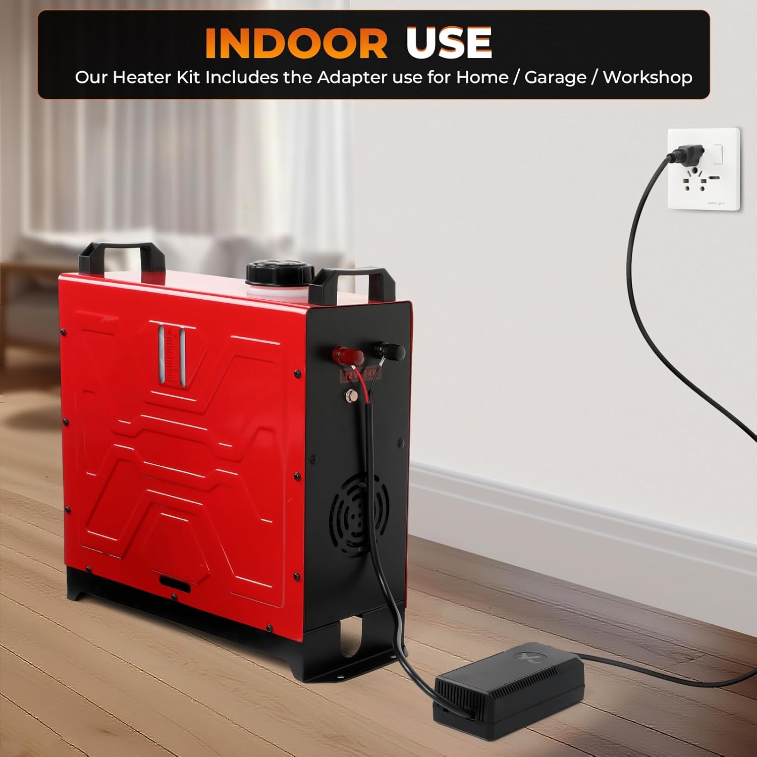 GEARLASSO Diesel Heater connected to a 110V power outlet for indoor use