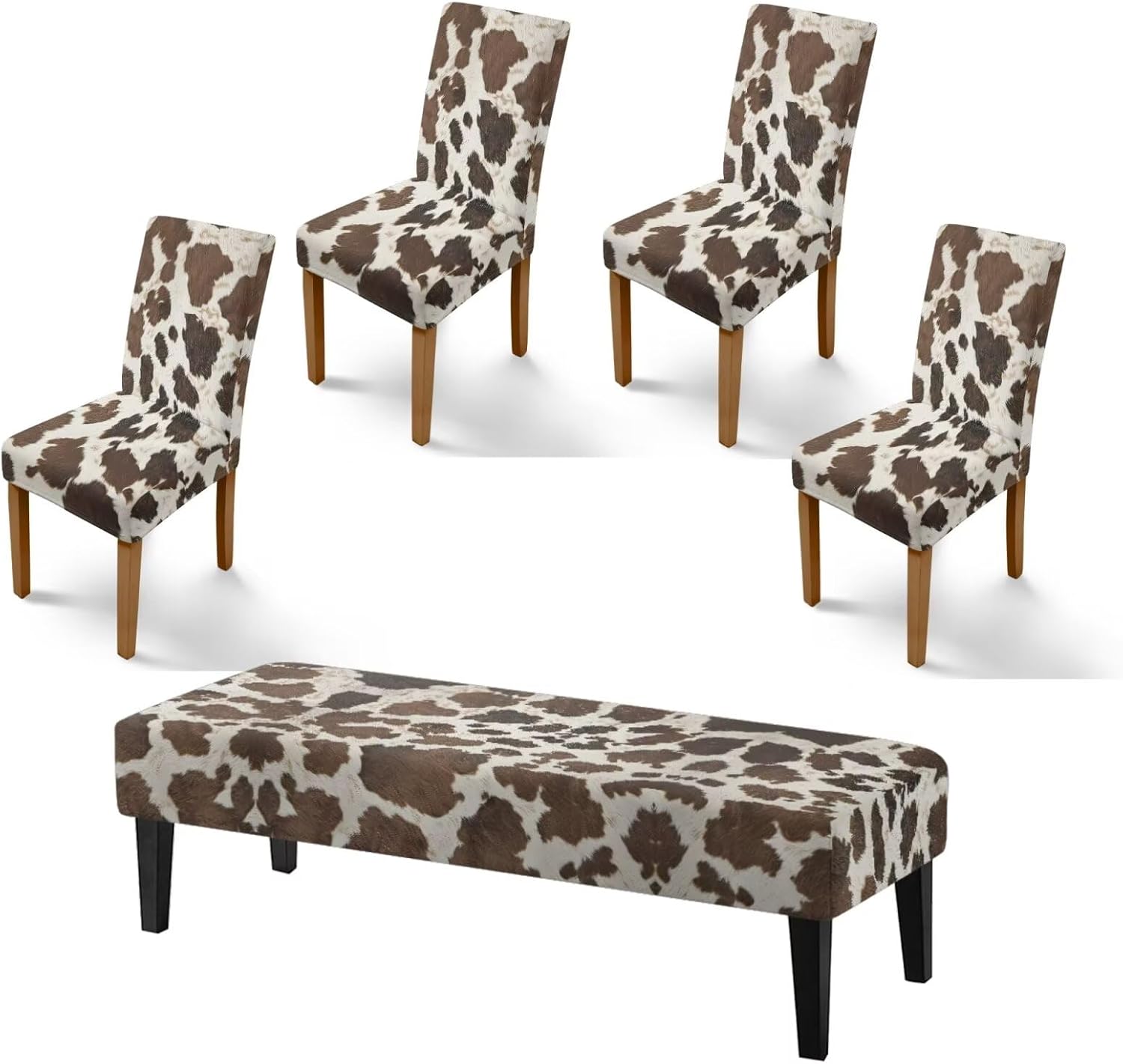 Brown Cow Print Dining Chair Covers Set of 4 with 1 Pcs Rectangle Bench Cushion Cover, Stretch Washable Chair Bench Slipcovers for Kitch Dining Room