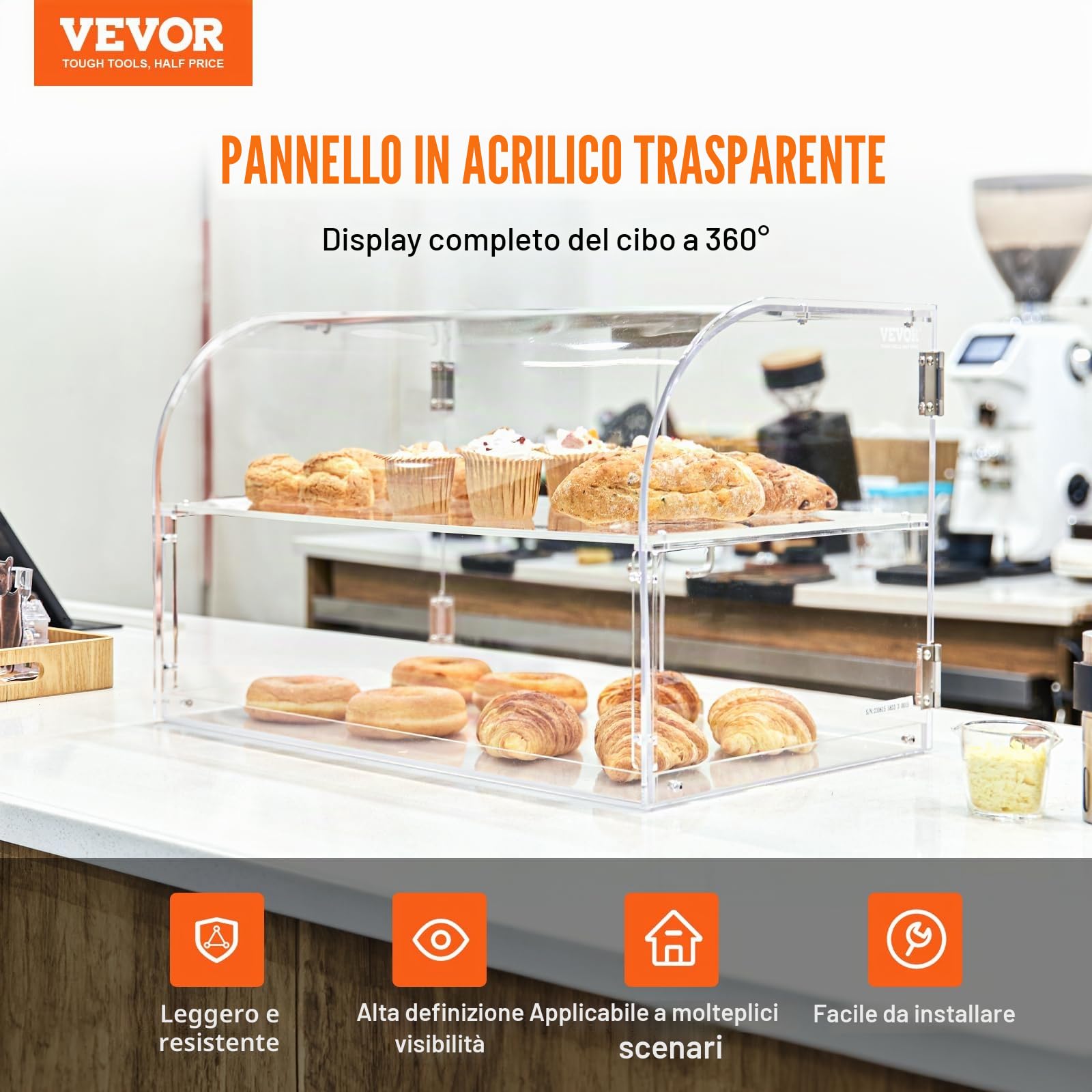 VEVOR Espositore per Pasticceria 2 Ripiani Vetrina per Panetteria in Acrilico Trasparente Espositore da Pasticceria per Pane Dolci da Pasticceria, Caffetteria, Ristorante, Hotel, Vetrina da Panificio