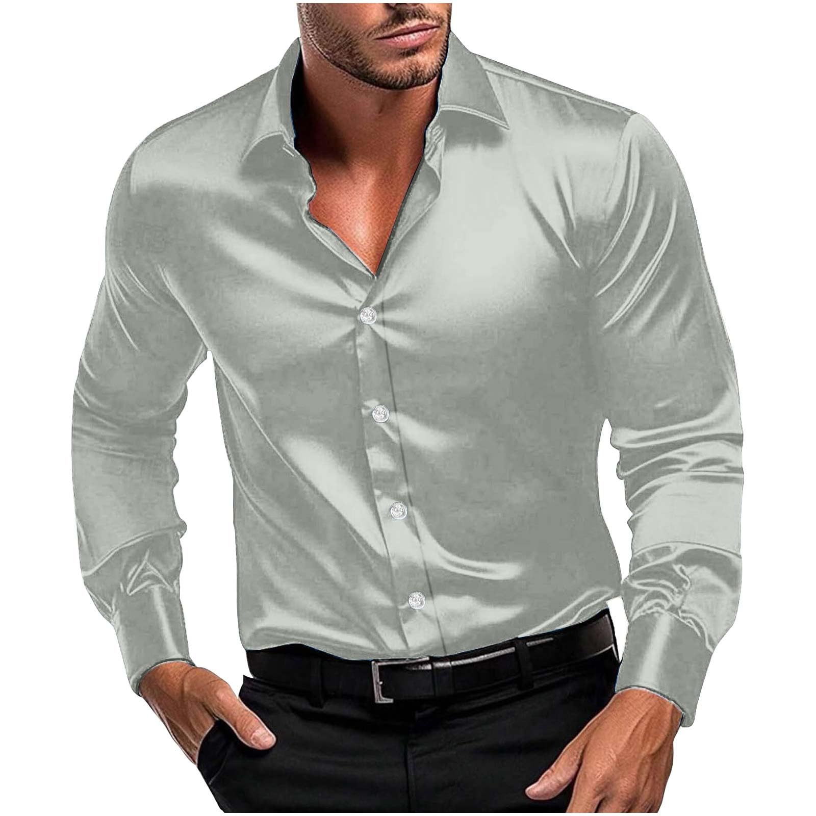 Men Long Sleeve Satin Dress Shirt Shiny Embroidery Silk Like Button Down Casual Luxury Prom Wedding Party Disco Solid