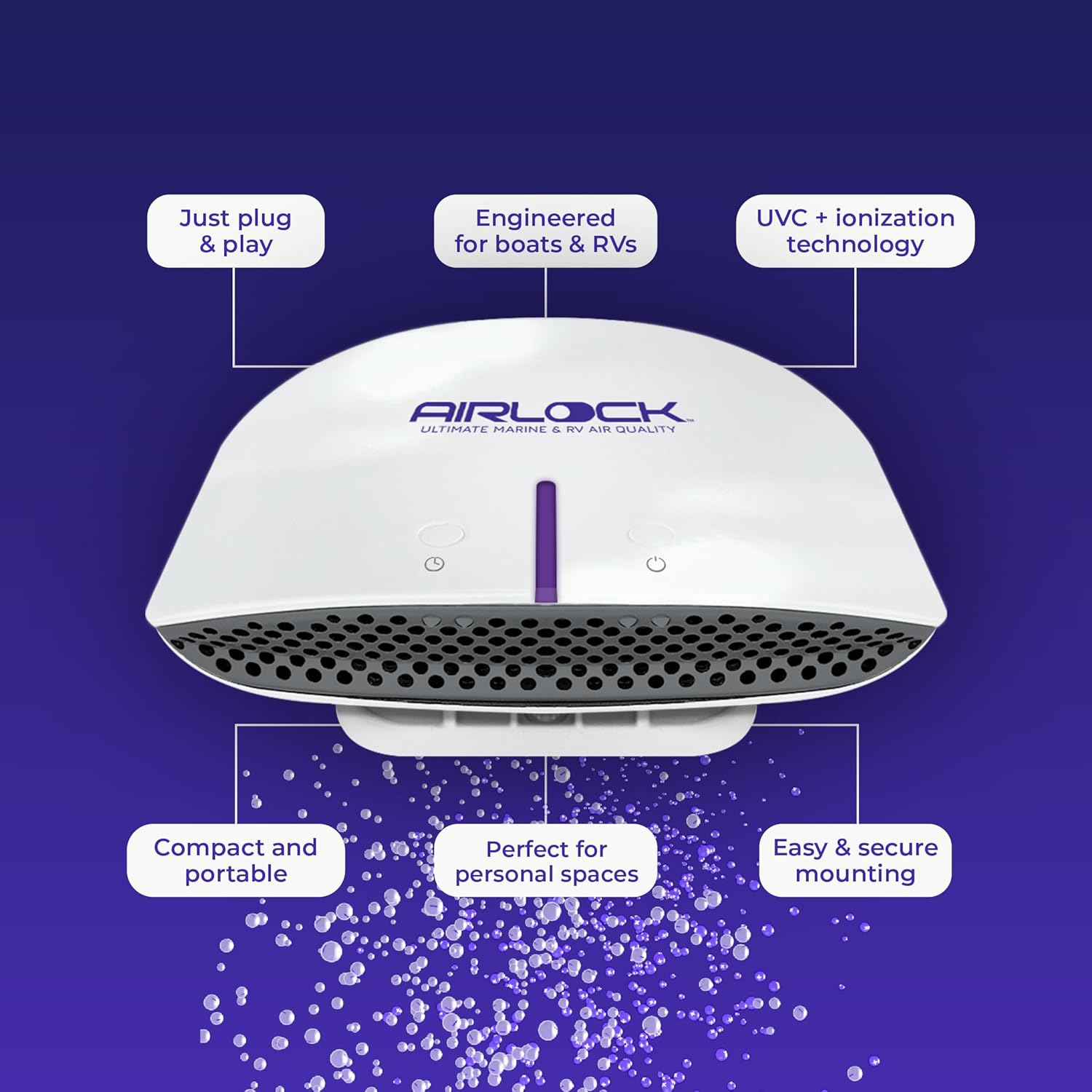 AIRLOCK Voyage – Personal Air Purifier for Boats & RVs | Small Space Odor Control | Everyday Odor Relief | Compact & Portable | Plug-and-play | No Filters | Car Plug or Standard Plug
