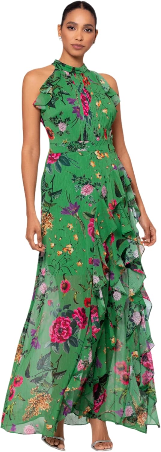 Betsy & Adam Women's Sleeveless Halter Neck Long Chiffon Floral Ruffle Dress