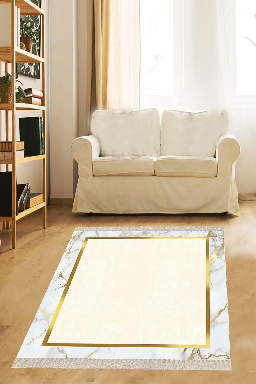 Pelangi Gold Mermer Desenli Gold Çerçeveli Dijital Baskı Yıkanabilir Modern Salon Halı Ve Yolluk, Gold-Beyaz 120 x 200