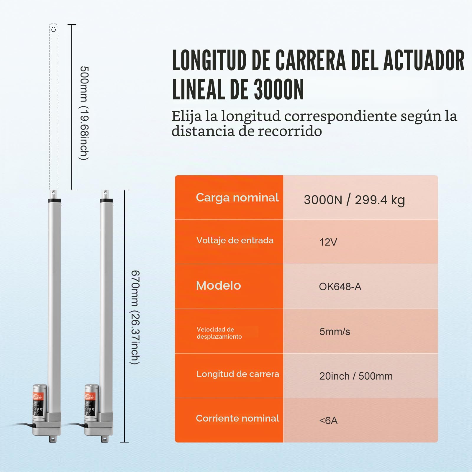 VEVOR Actuador lineal de 12 V, actuador lineal IP65 impermeable de 20 pulgadas, actuador de movimiento lineal de 660 libras/3000 N 0,19 pulgadas/s con soporte de montaje para uso en exteriores