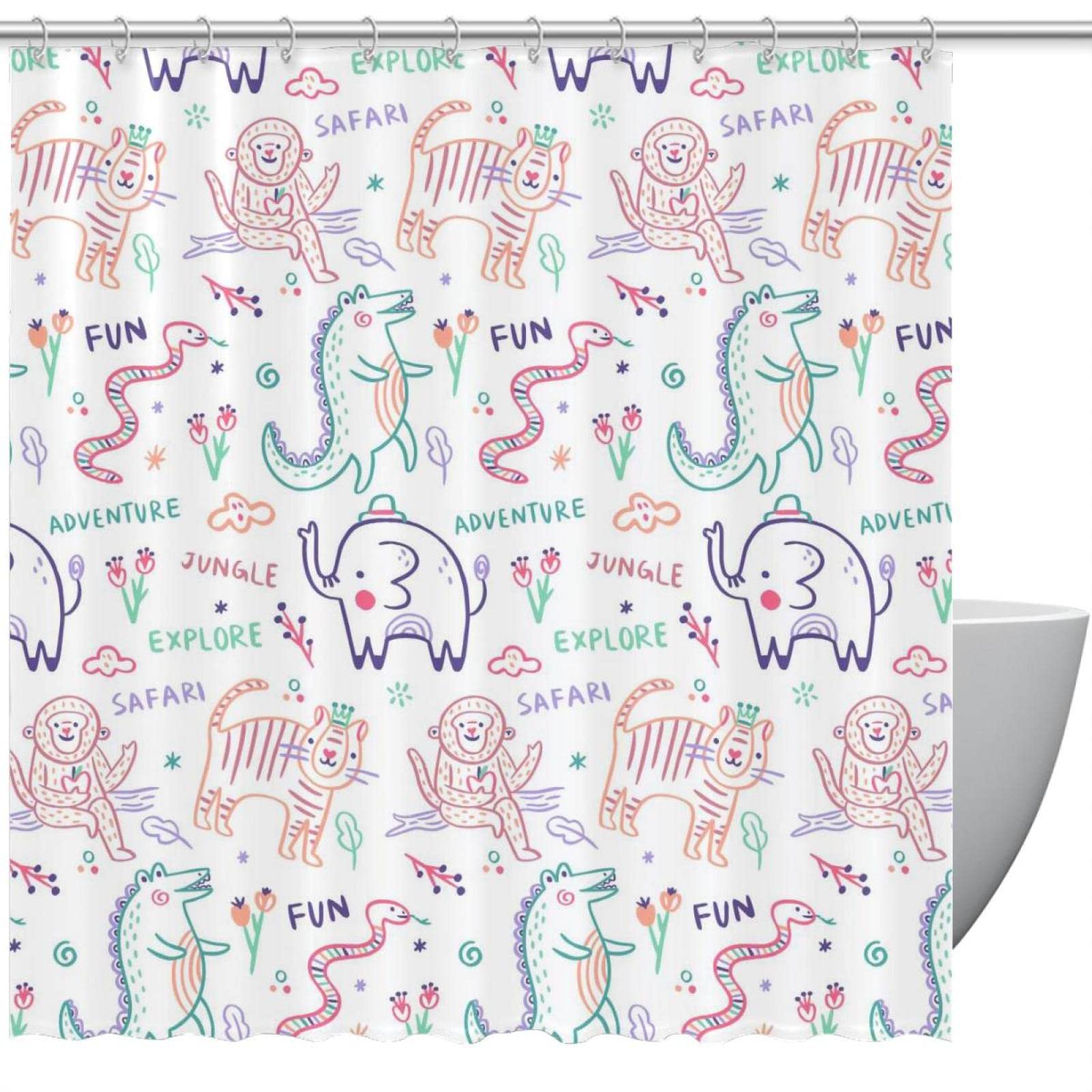 Rideau de douche animaux colorés 183 cm lavable en tissu imperméable