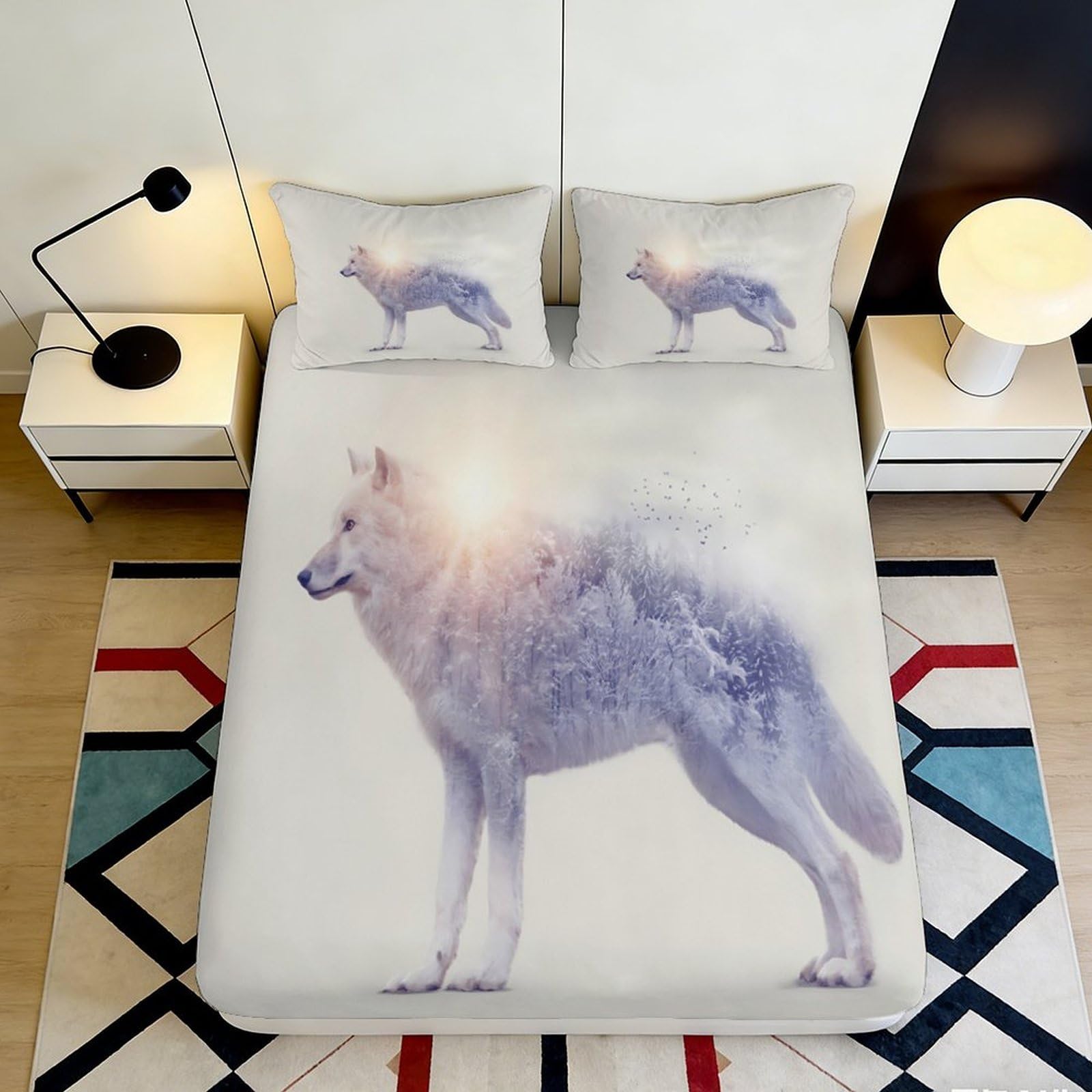 3D Printed Wolf Forest Fitted Sheet Microfiber Soft Anti-Slip Moonlight Bed Cover for Bedroom Guest Room Decor 90x200x25cm