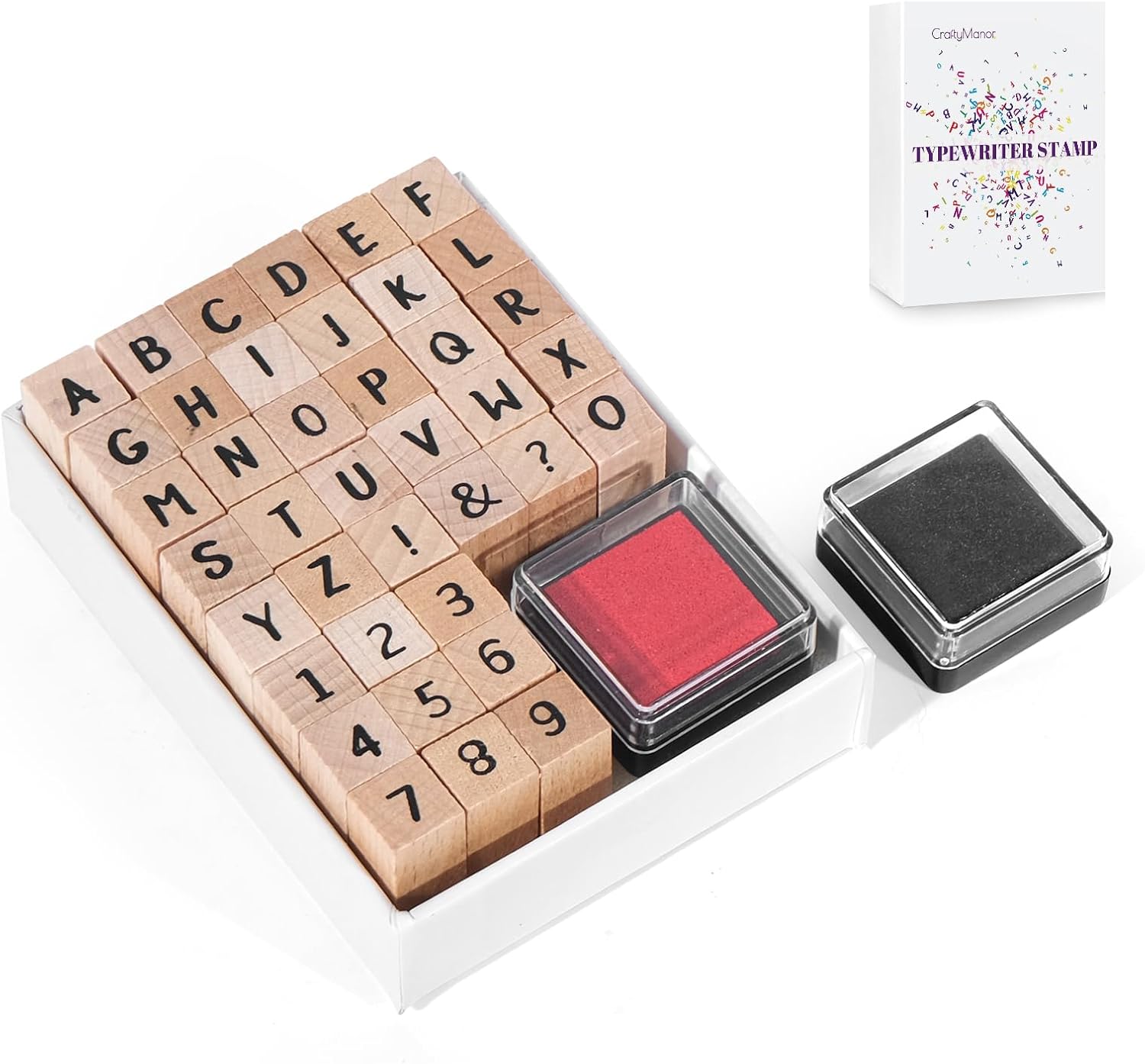 A set of letter and number stamps with a red ink pad and a black ink pad