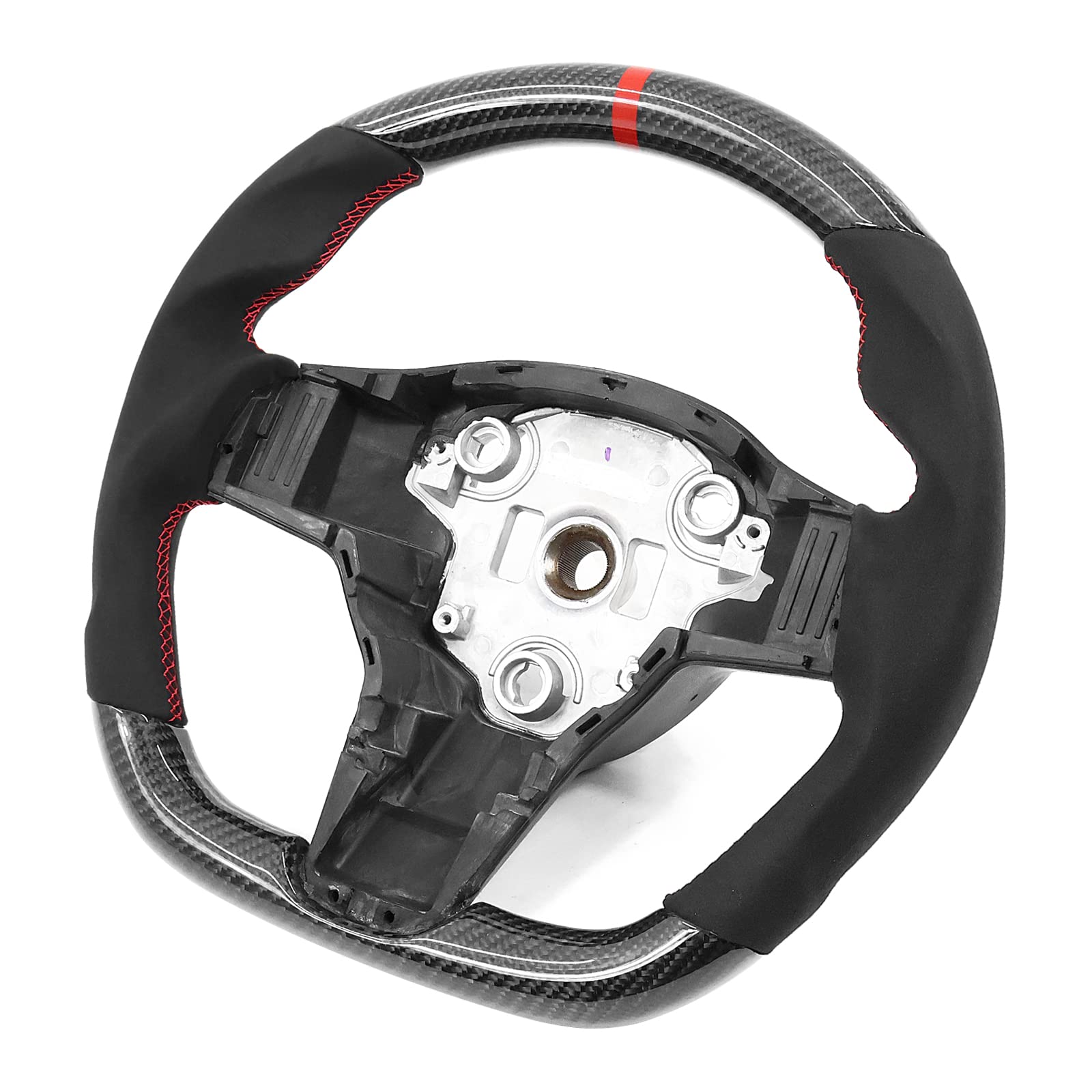 IKON MOTORSPORTS, Steering Wheel Compatible with 2017-2023 Tesla Model 3, 2020-2023 Tesla Model Y, Carbon Fiber + Synthetic Suede With Red Stitch & Indicator Steering Wheel Brushed Kit