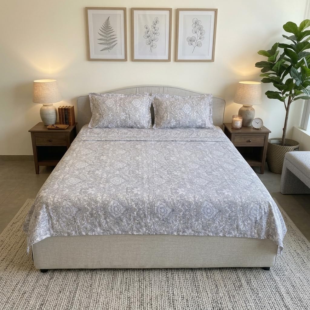 Linen Home Cotton Percale Flat Bedsheet Set King Size Damask Brown