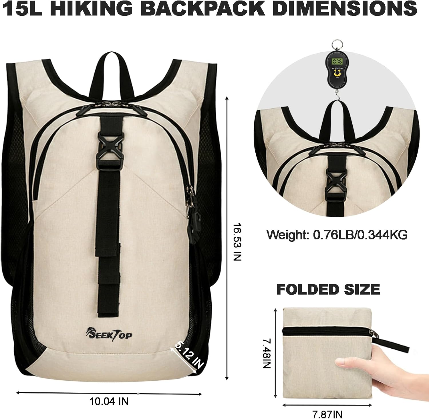 Seektop 15L Small Hiking Backpack for Women Men, Lightweight Hiking Packable Daypack with Phone Pocket for Travel Camping (Beige, 15L) - Image 4