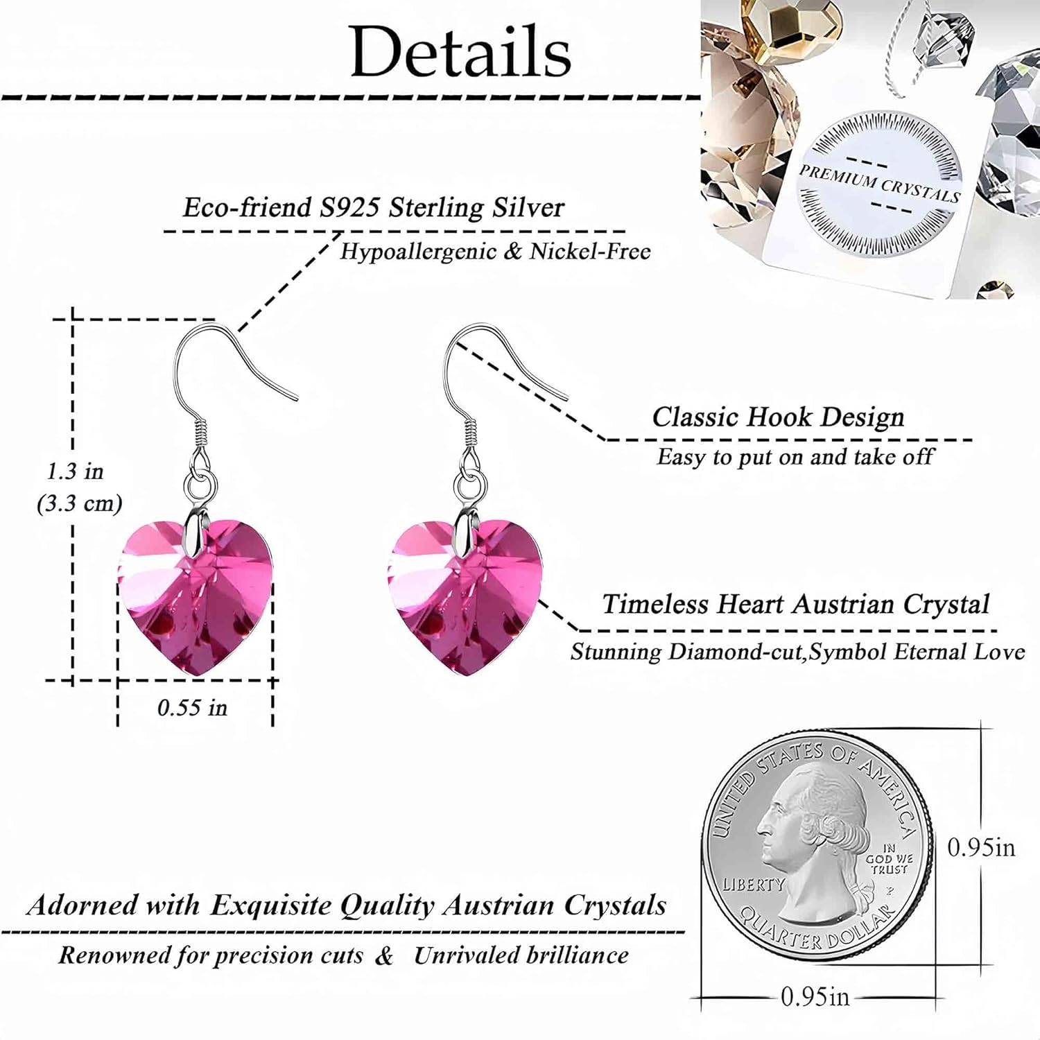 Austrian Crystal Heart Drop Dangle Earrings for Women 925 Sterling Silver Hook Hypoallergenic Earring - Image 4