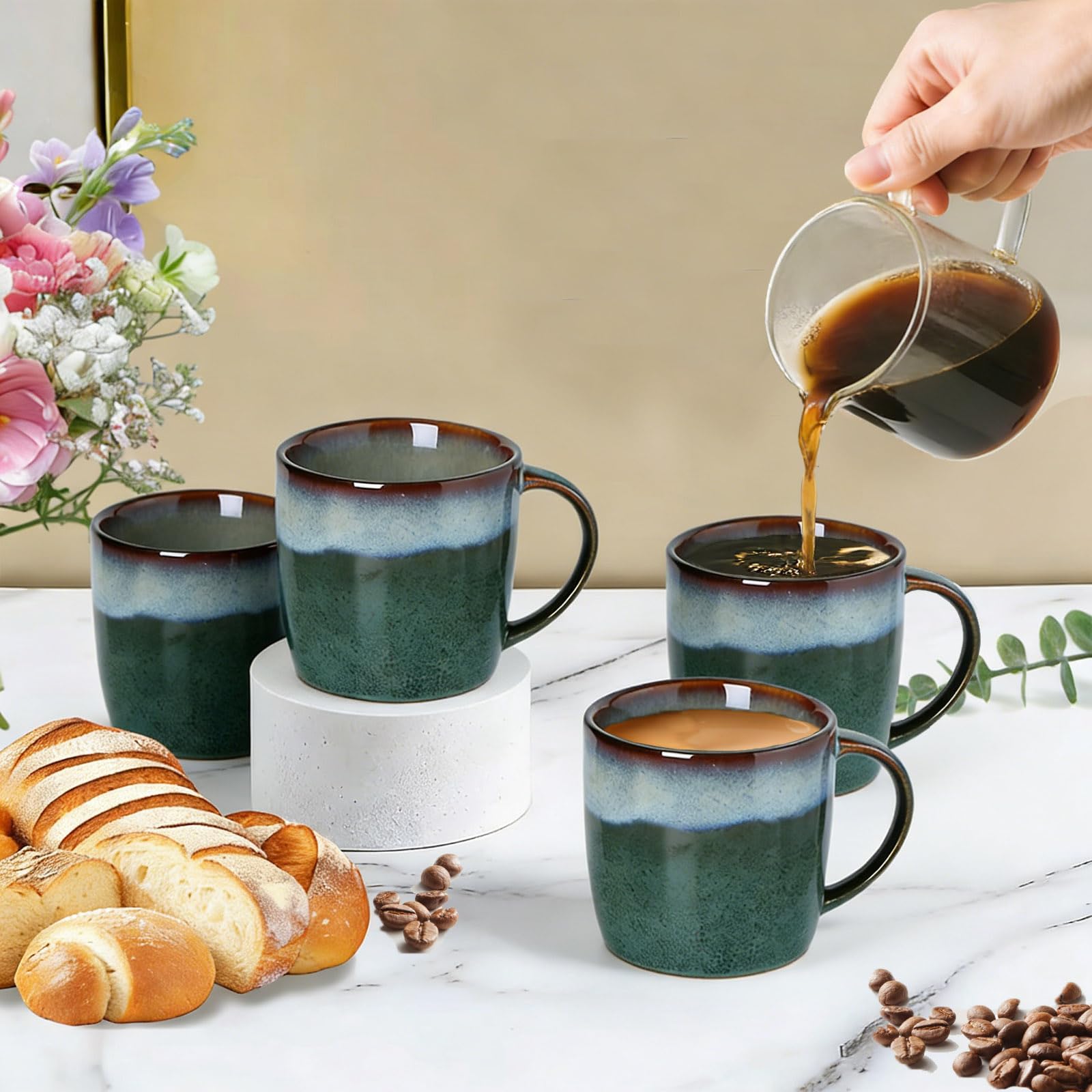 Juego de 4 tazas de café expreso de cerámica de 325 ml, aptas para lavavajillas y microondas, tazas de café expreso de 330 ml, tazas Demitasse esmaltadas especiales, tazas de gres con diseño graduado