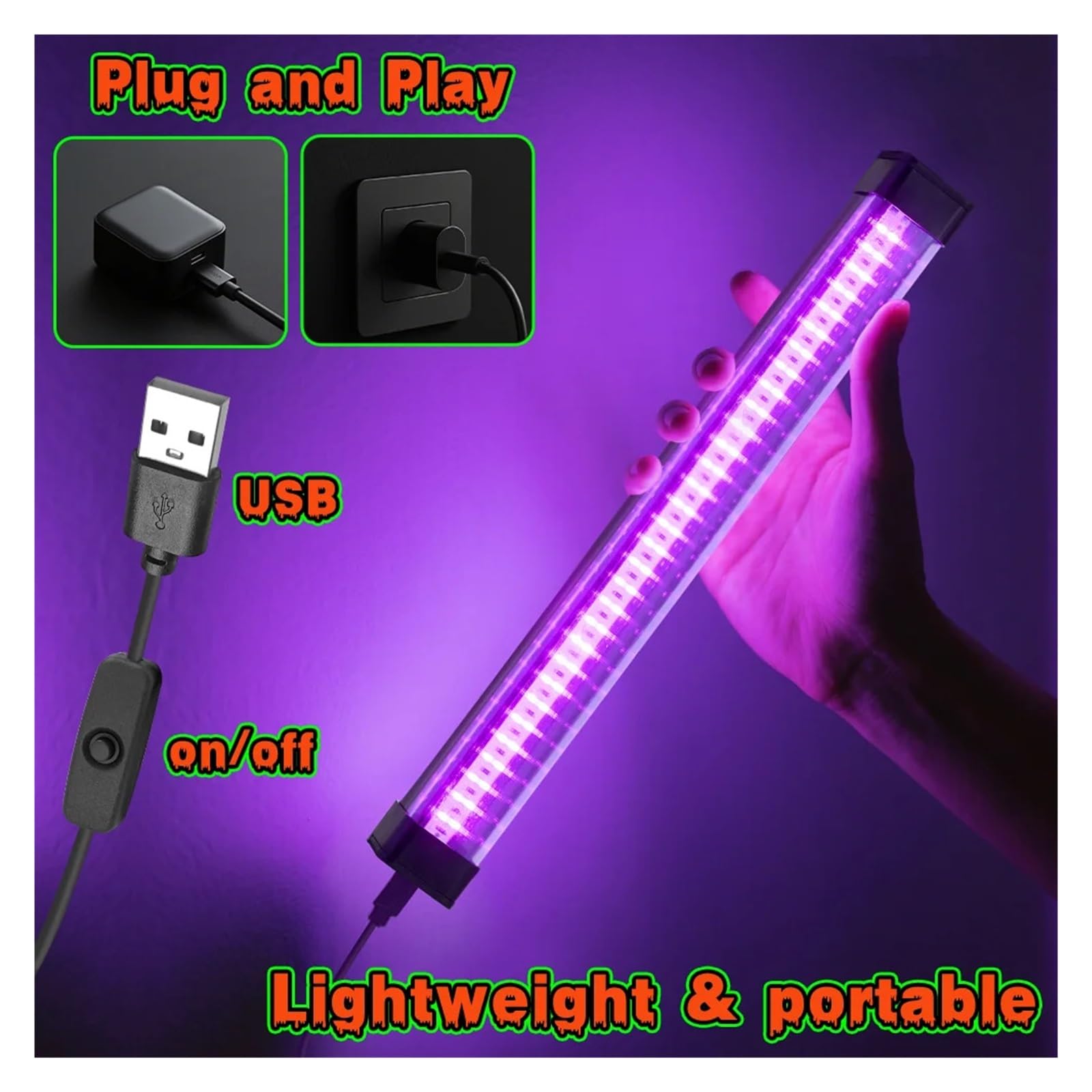 Tubo de luz negra LED 60 luces - Con interruptor, rotación 360 ​​grados, lámpara UV for fiestas fluorescentes, arte corporal, Halloween y Navidad, Multiuso confiable(60LEDs-3P)