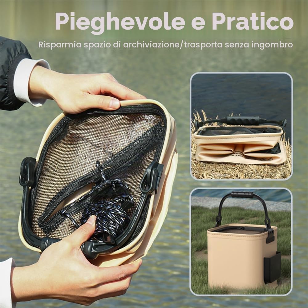 DONGKER Secchio Pesca,Contenitore Campeggio Pieghevole con Coperchio in Rete e Cerniera e Maniglia per Conservare Pesci Vivi e Esche per Pesce Fresco