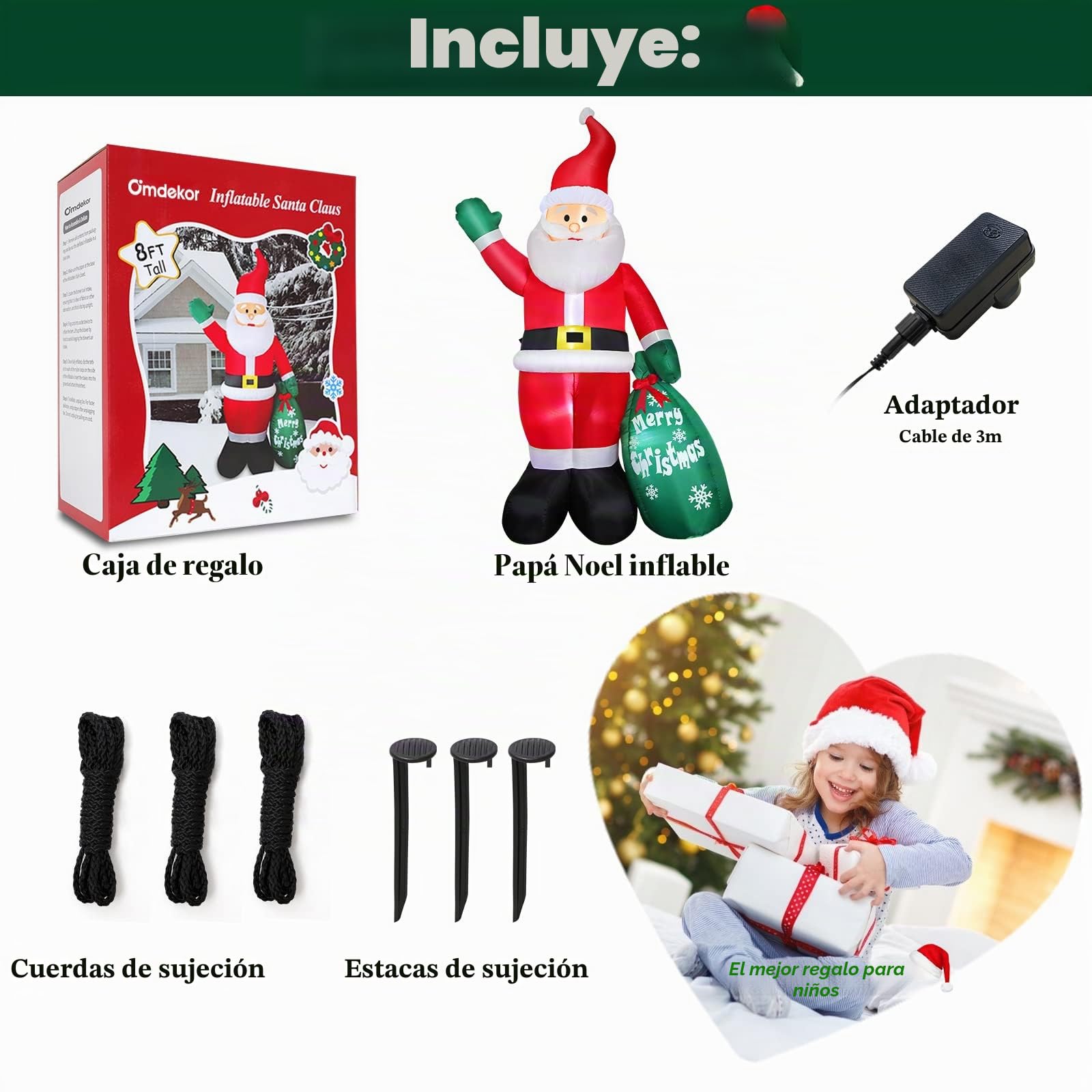 Inflable Papá Noel 244cm, Decoración de Navidad con Luces LED e Inflador Eléctrico, IP44 Impermeable, Figura de Papá Noel Gigante con Bolsa de Regalo, Iluminación Interior y Exterior Jardín Césped