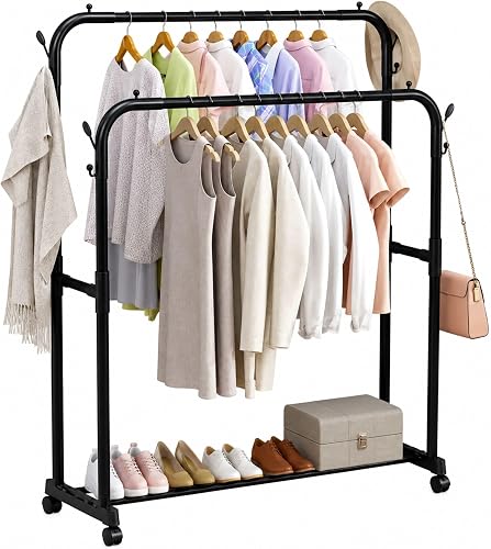 Ruya Basics Double Rod Garment Rack with Wheels 68x38x140cm | 30kg Load Capacity, Iron Pipe Construction, Bottom Shoe Shelf, Side Hooks Included, Indoor & Outdoor Use