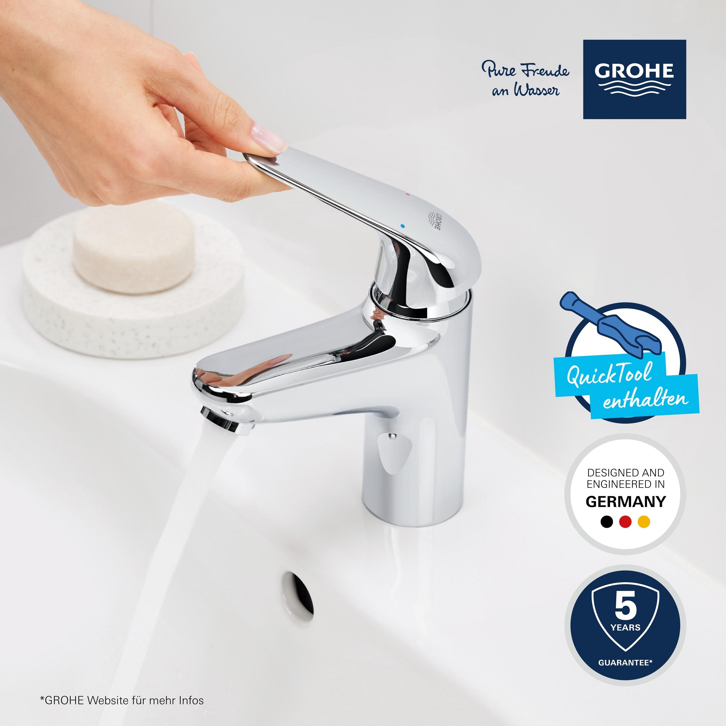 GROHE Swift, Waschtischarmatur, wassersparend (Wasserhahn für das Bad, Badarmatur mit Zugstangen-Ablauf, 16cm hoch, mit 3in1 Werkzeug, einfache Installation am Waschbecken), chrom, 24316001