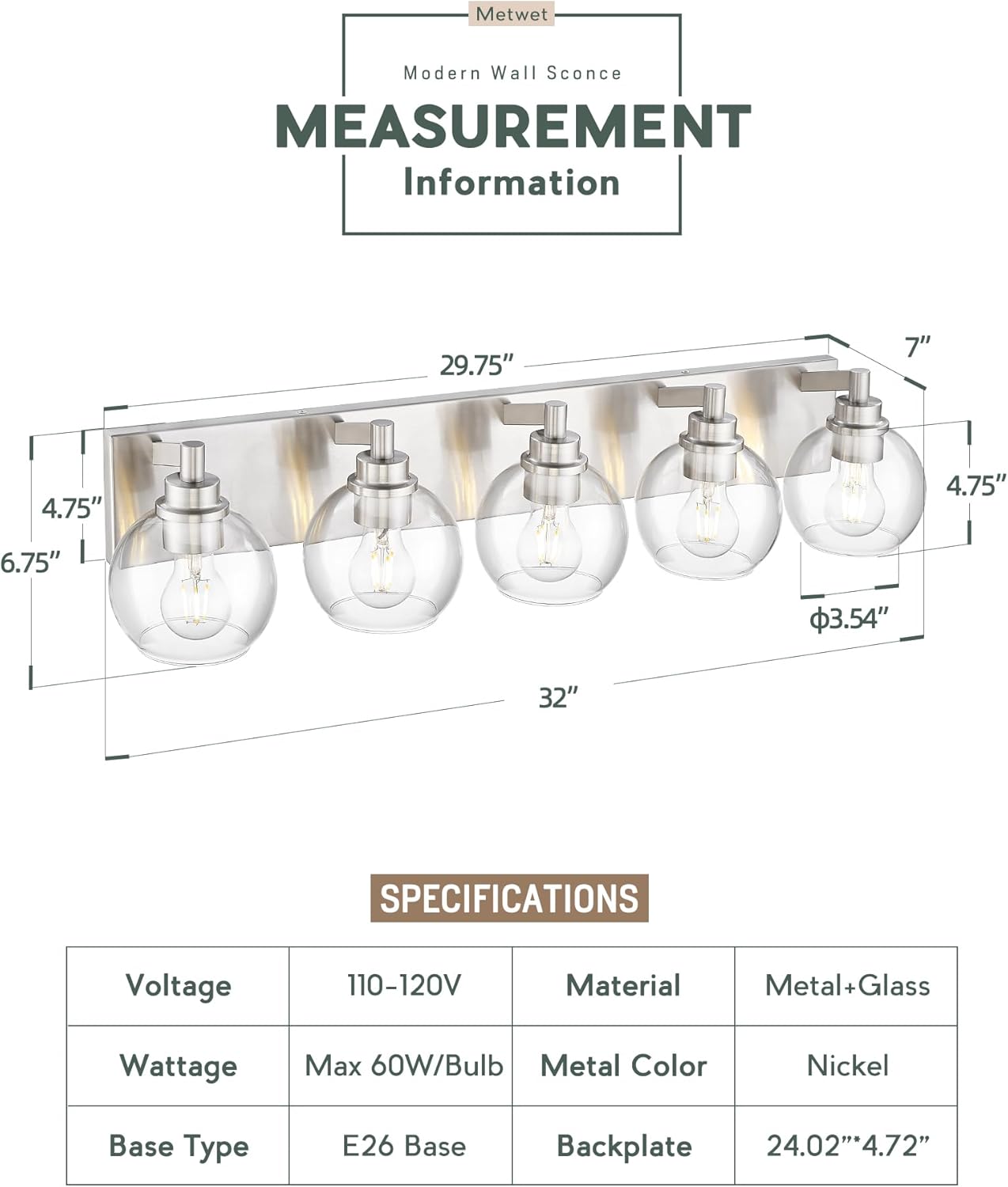 Bathroom Light Fixtures, 5 Light Brushed Nickel Vanity Light, 32 Inch Modern Wall Sconces with Globe Clear Glass Shade, Vanity Lighting Fixtures Over Mirror, VL195-BN-CL-5